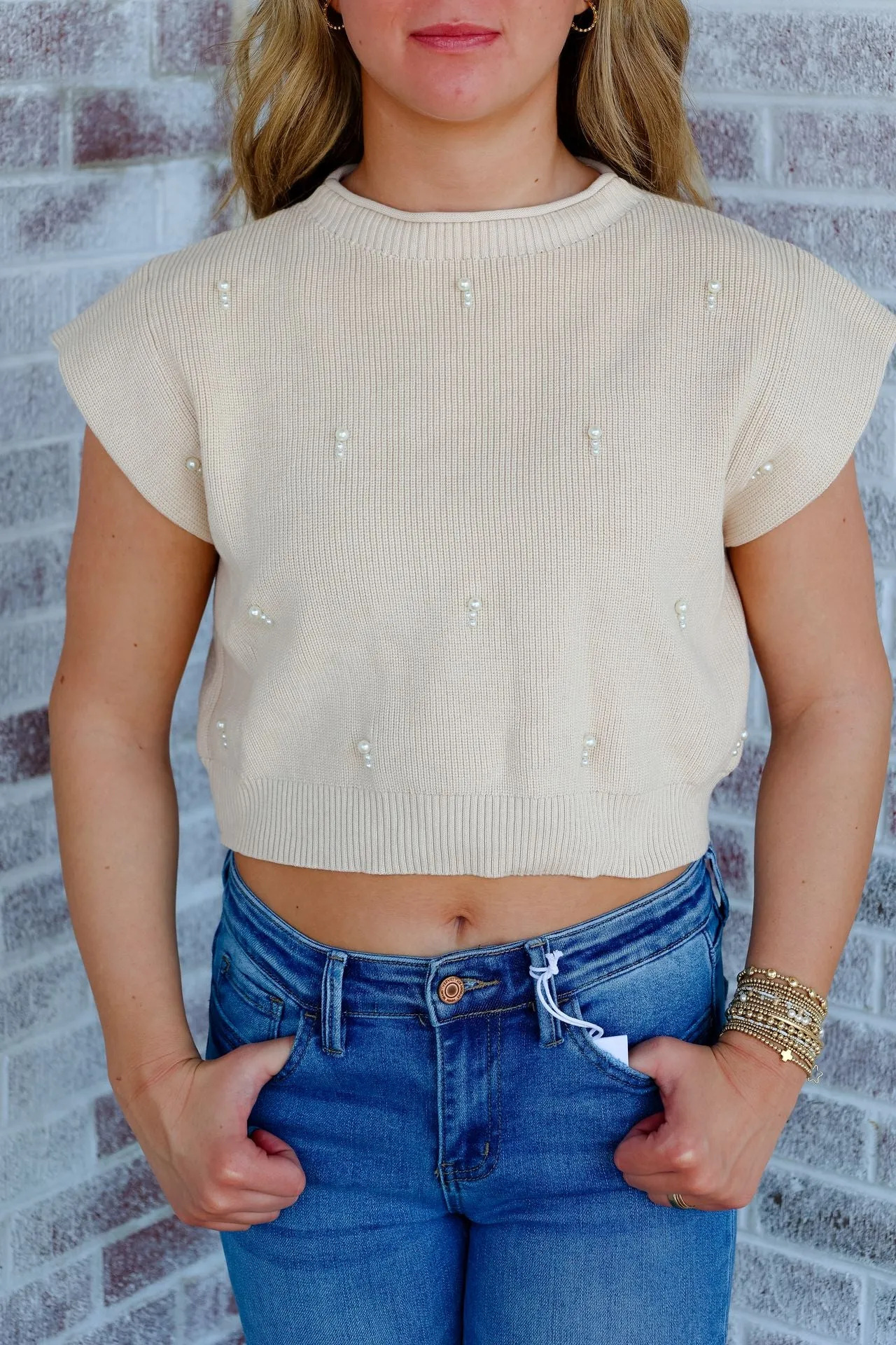 Crush Of The Week Mock Neck Pearl Embellished Sweater