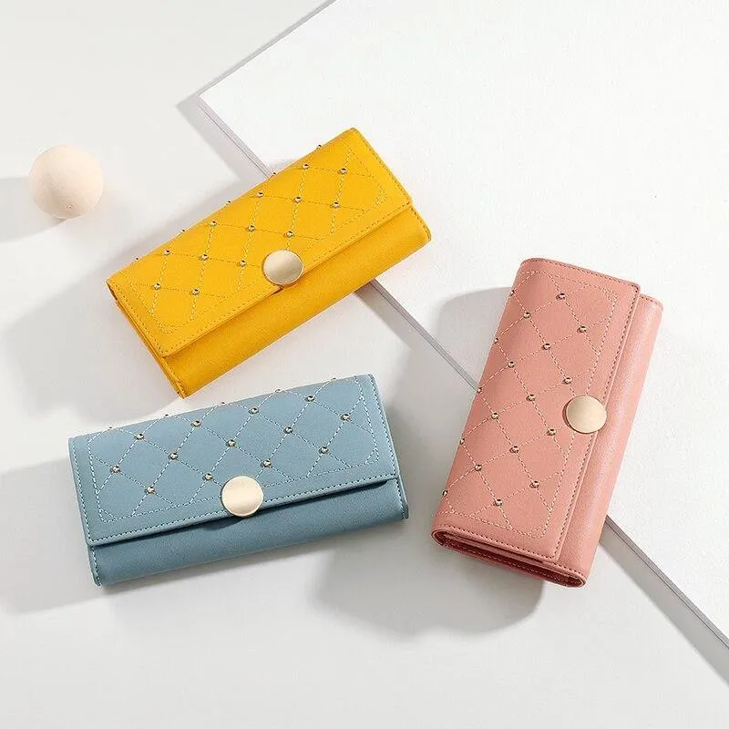 Designer Rivet Button Trifold Wallet Clutch