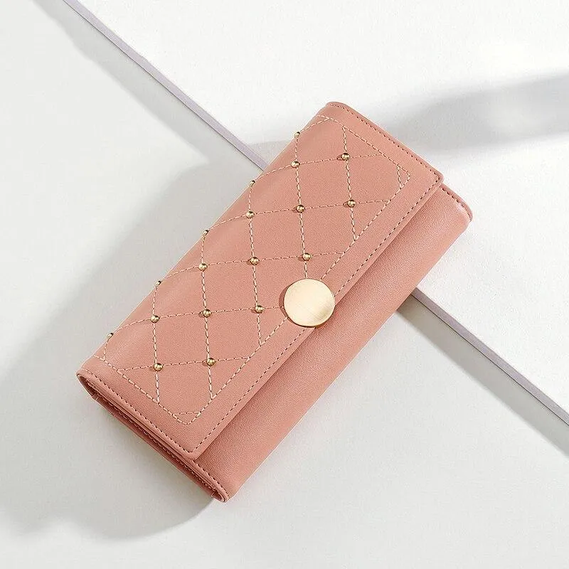 Designer Rivet Button Trifold Wallet Clutch