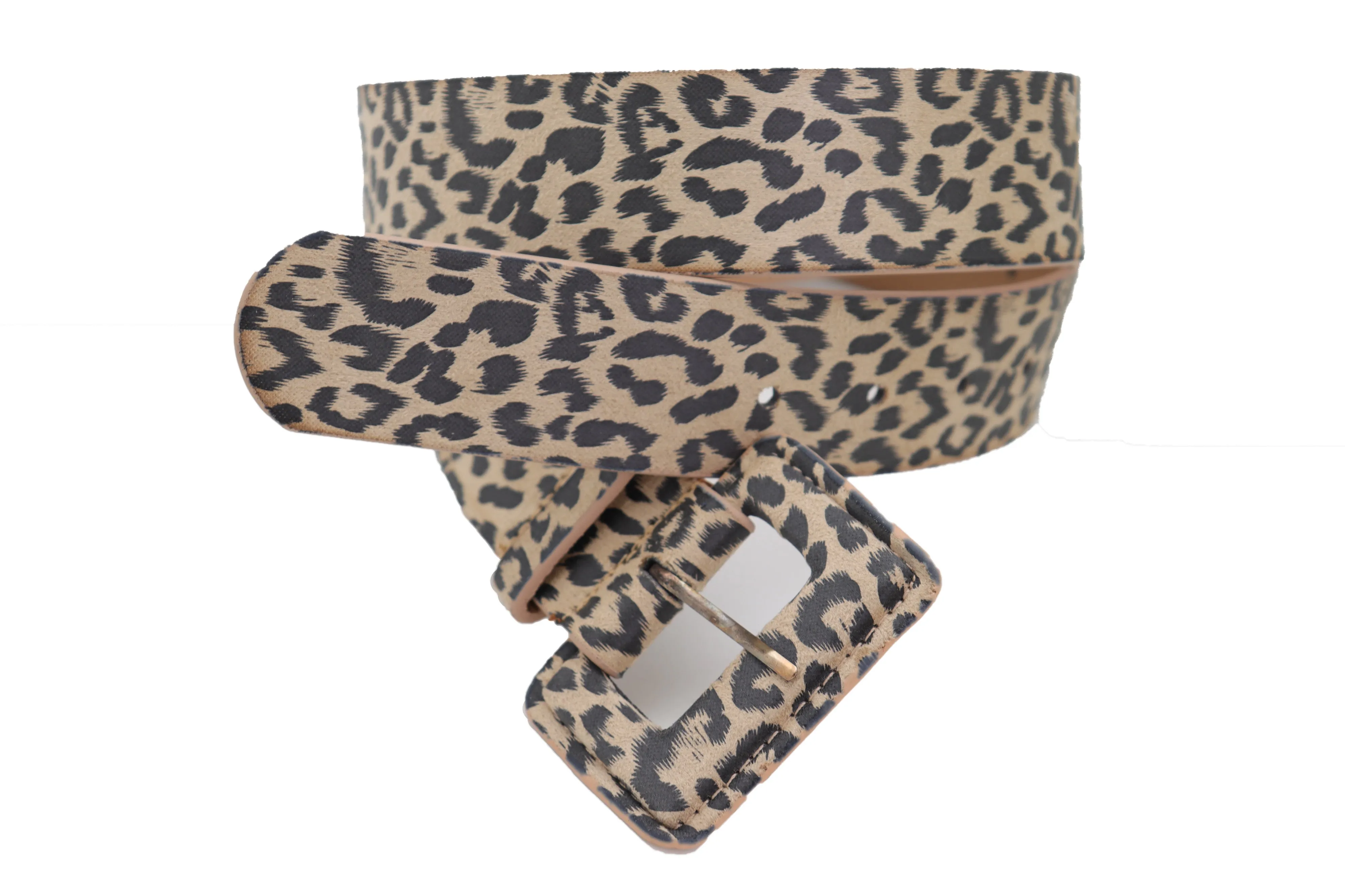 Faux Leather Beige Leopard Animal Print Square Buckle Classic Belt