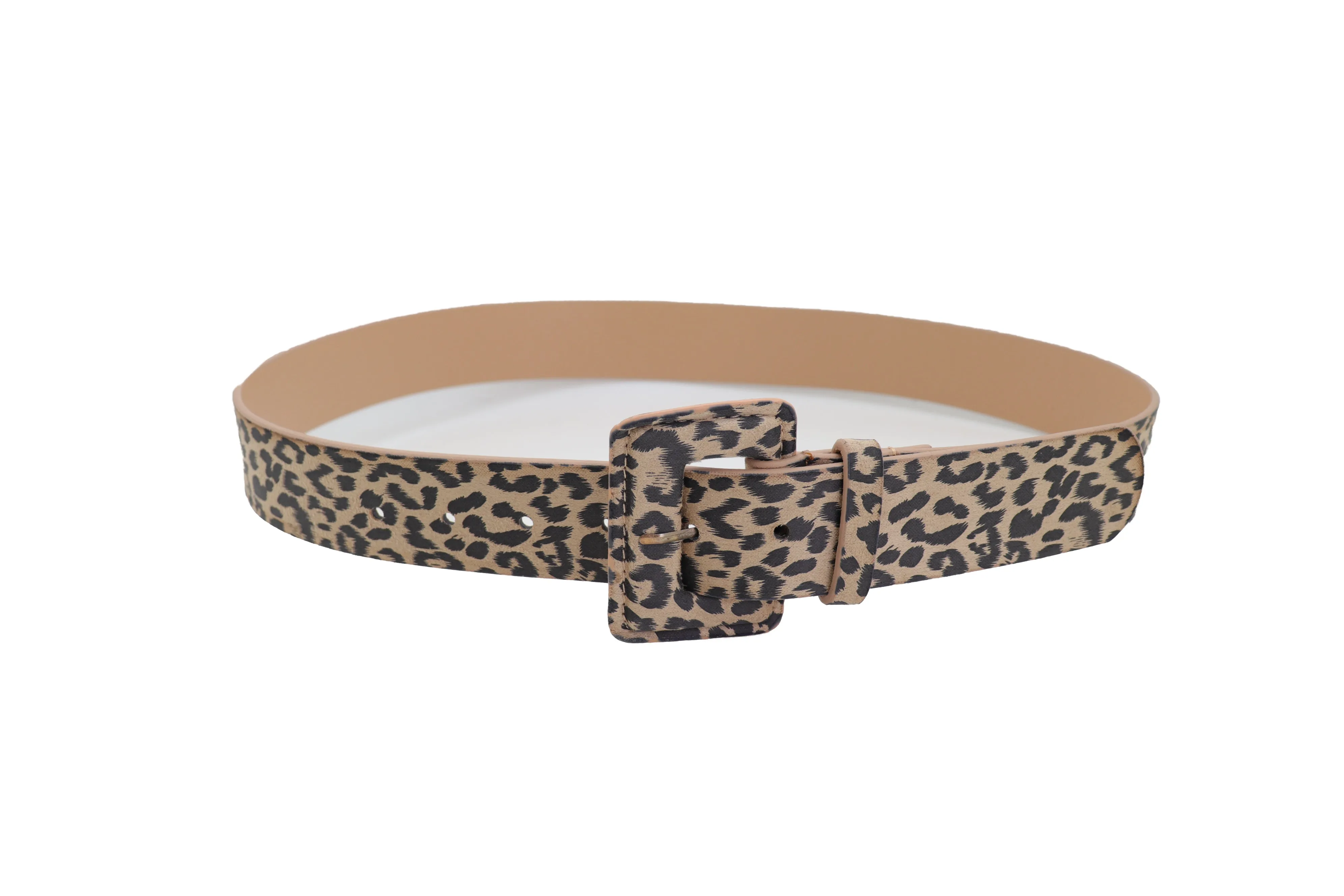 Faux Leather Beige Leopard Animal Print Square Buckle Classic Belt