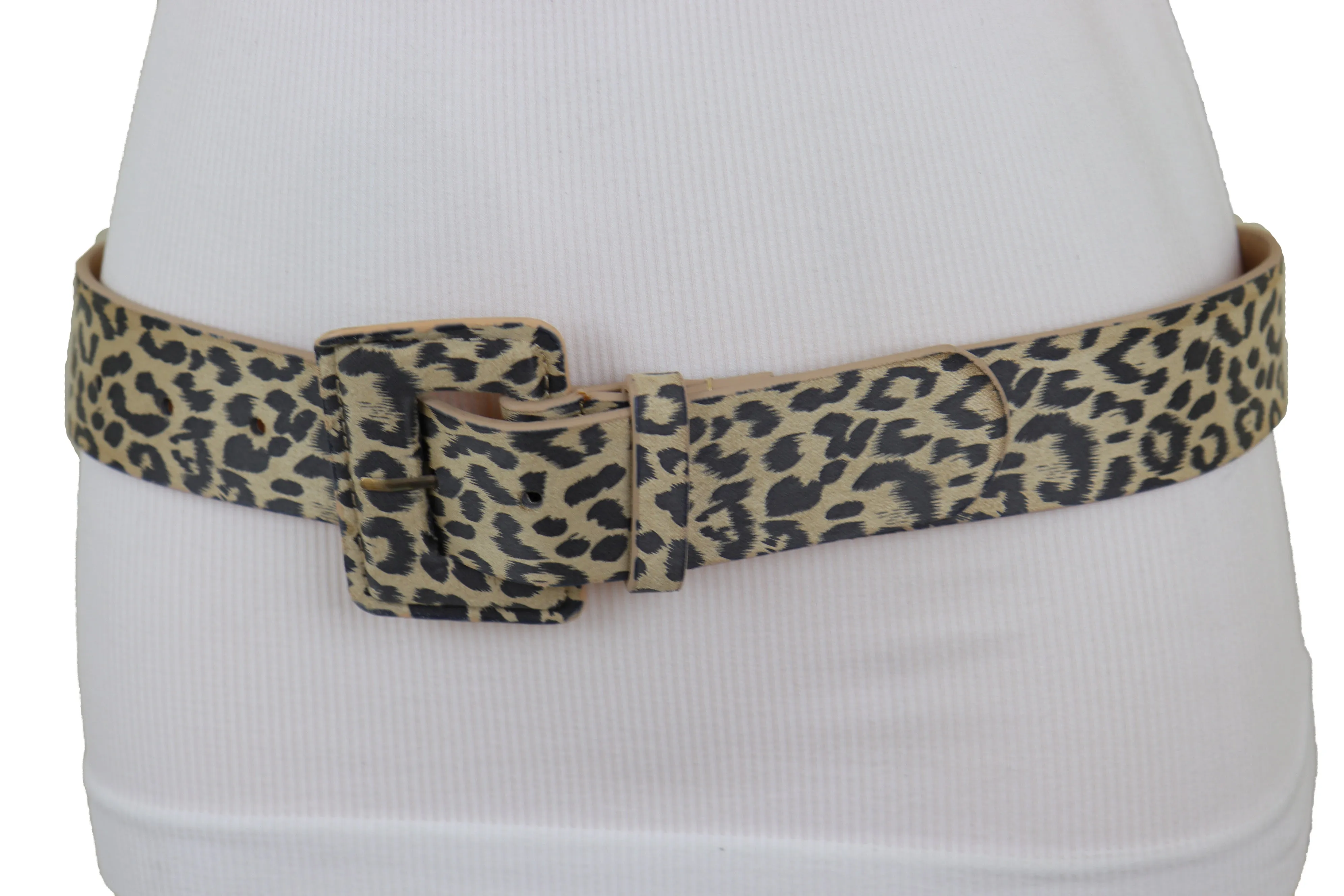 Faux Leather Beige Leopard Animal Print Square Buckle Classic Belt