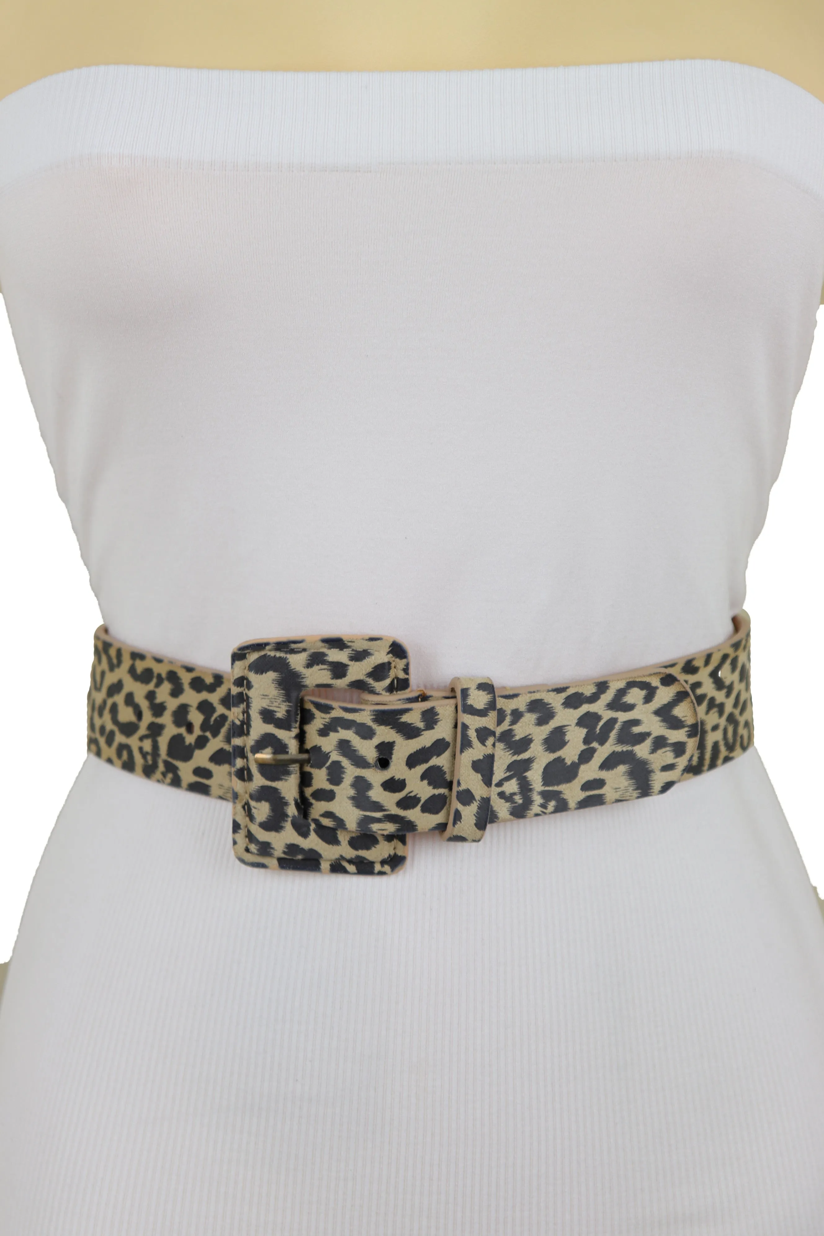 Faux Leather Beige Leopard Animal Print Square Buckle Classic Belt