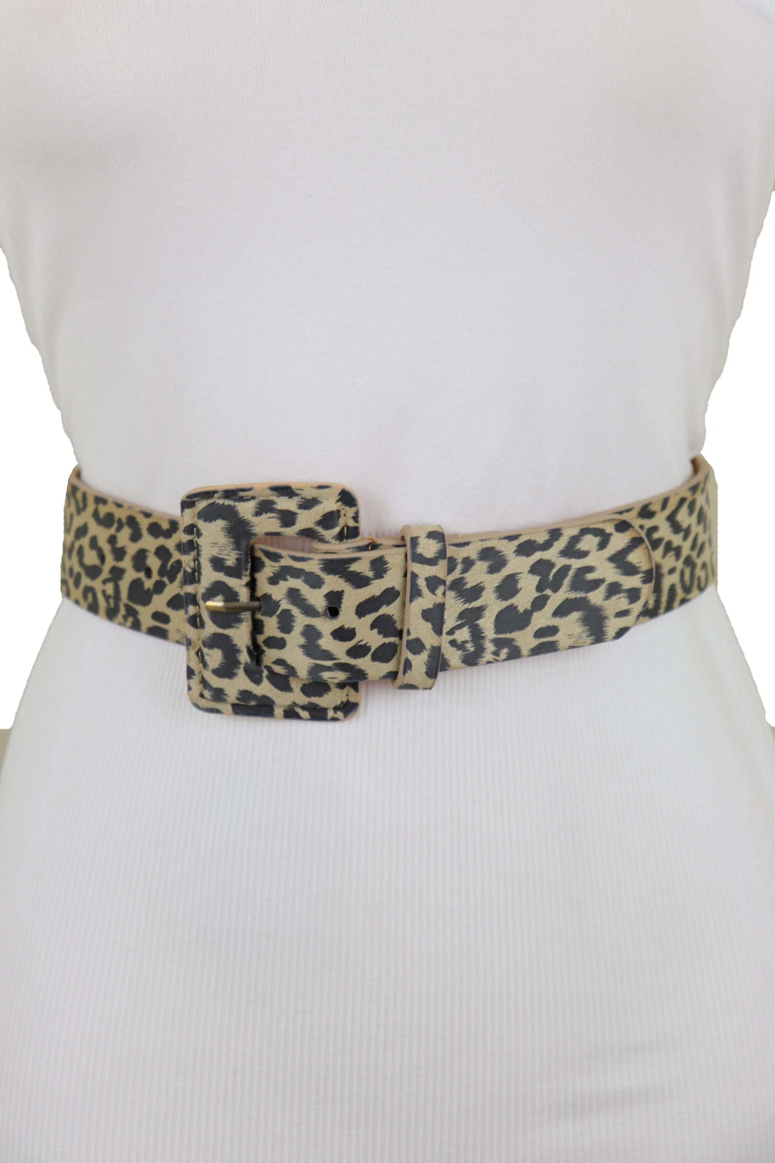 Faux Leather Beige Leopard Animal Print Square Buckle Classic Belt