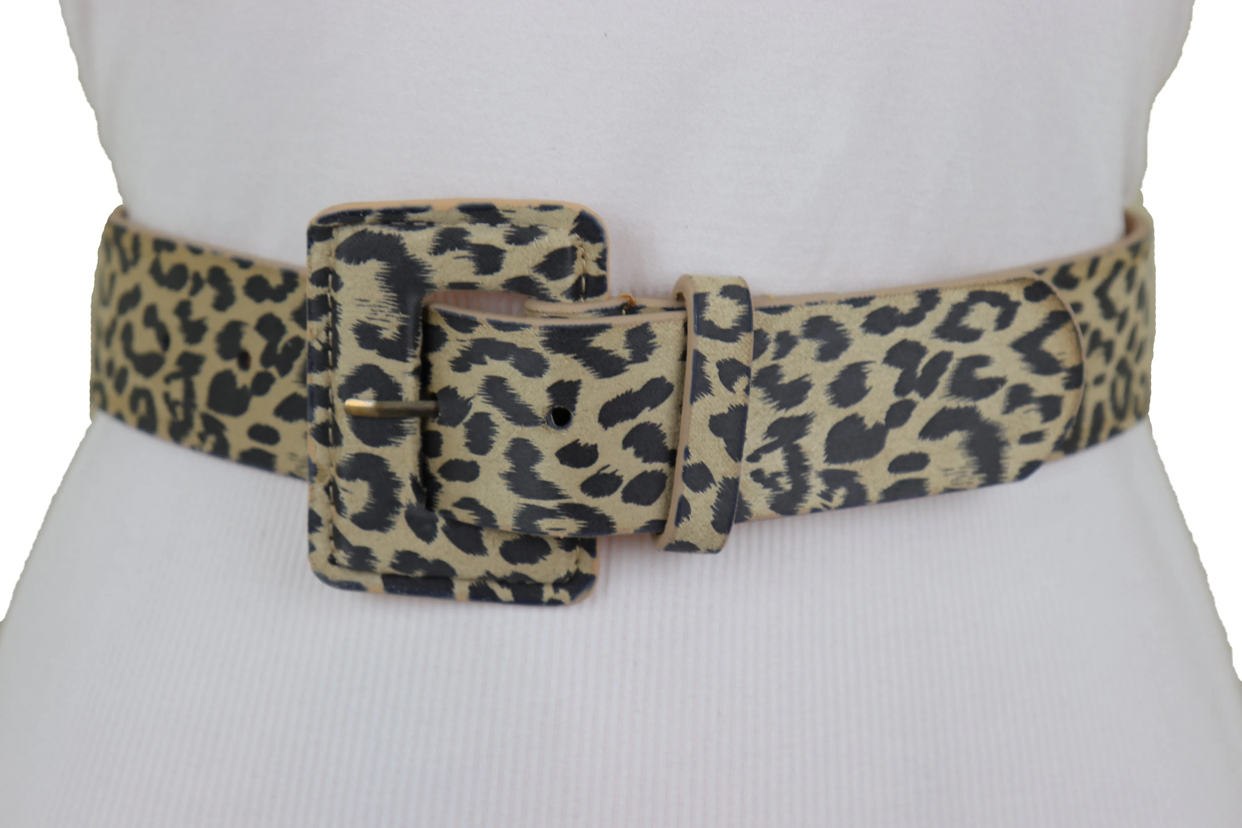 Faux Leather Beige Leopard Animal Print Square Buckle Classic Belt