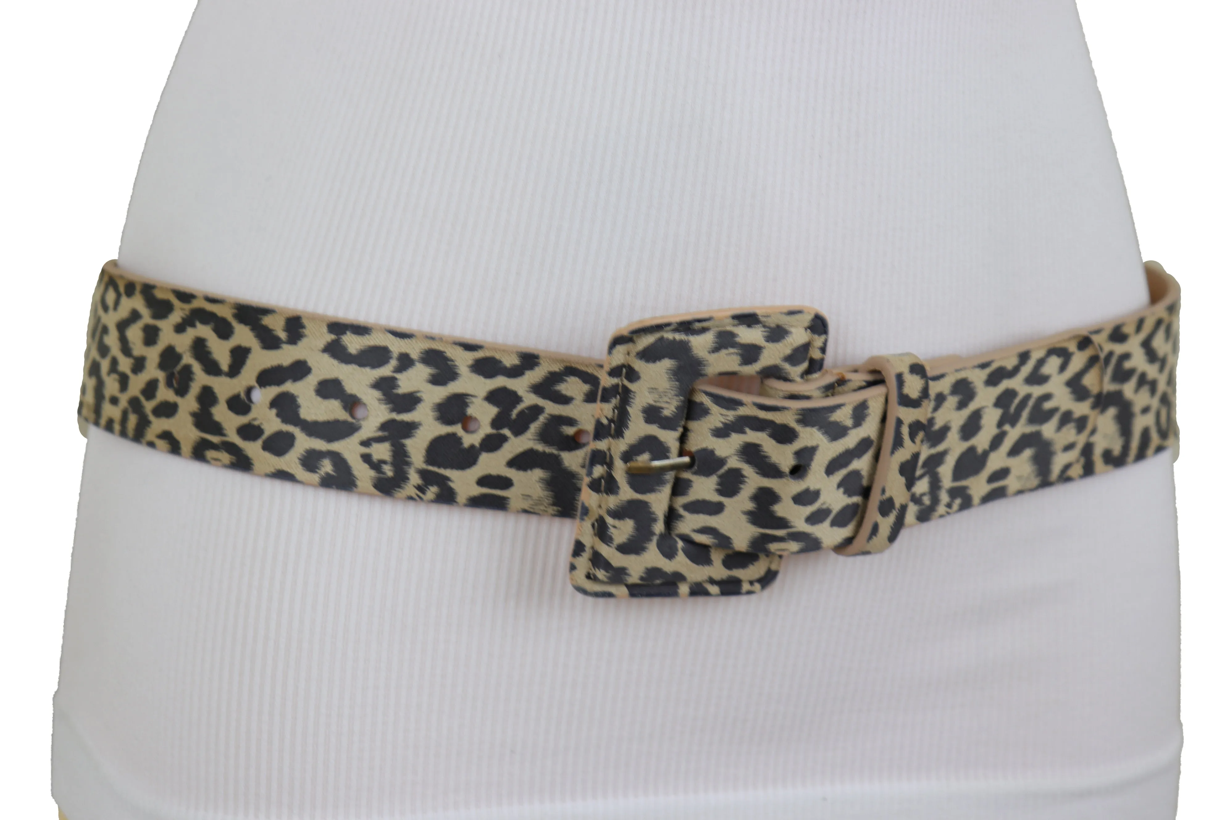 Faux Leather Beige Leopard Animal Print Square Buckle Classic Belt
