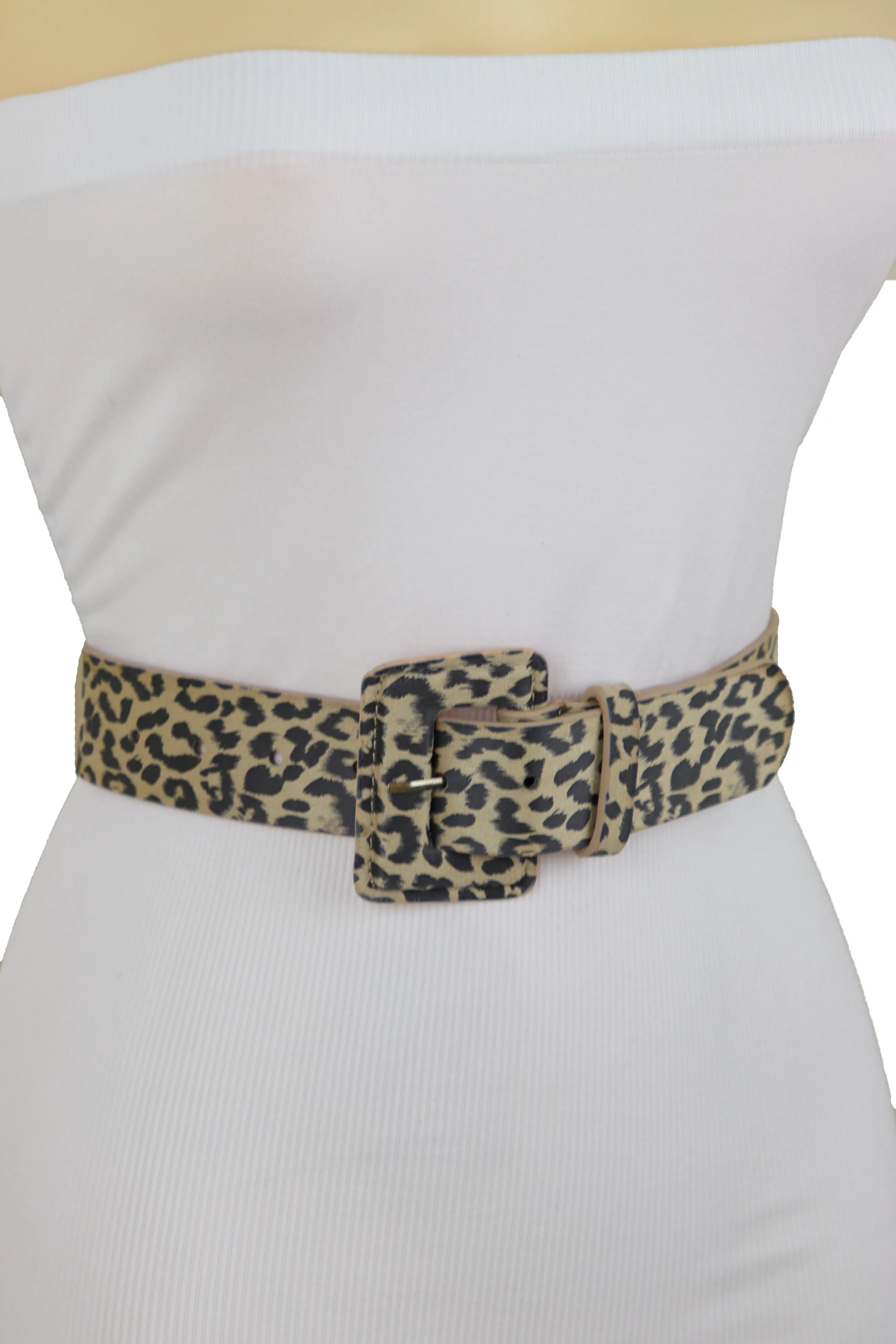 Faux Leather Beige Leopard Animal Print Square Buckle Classic Belt