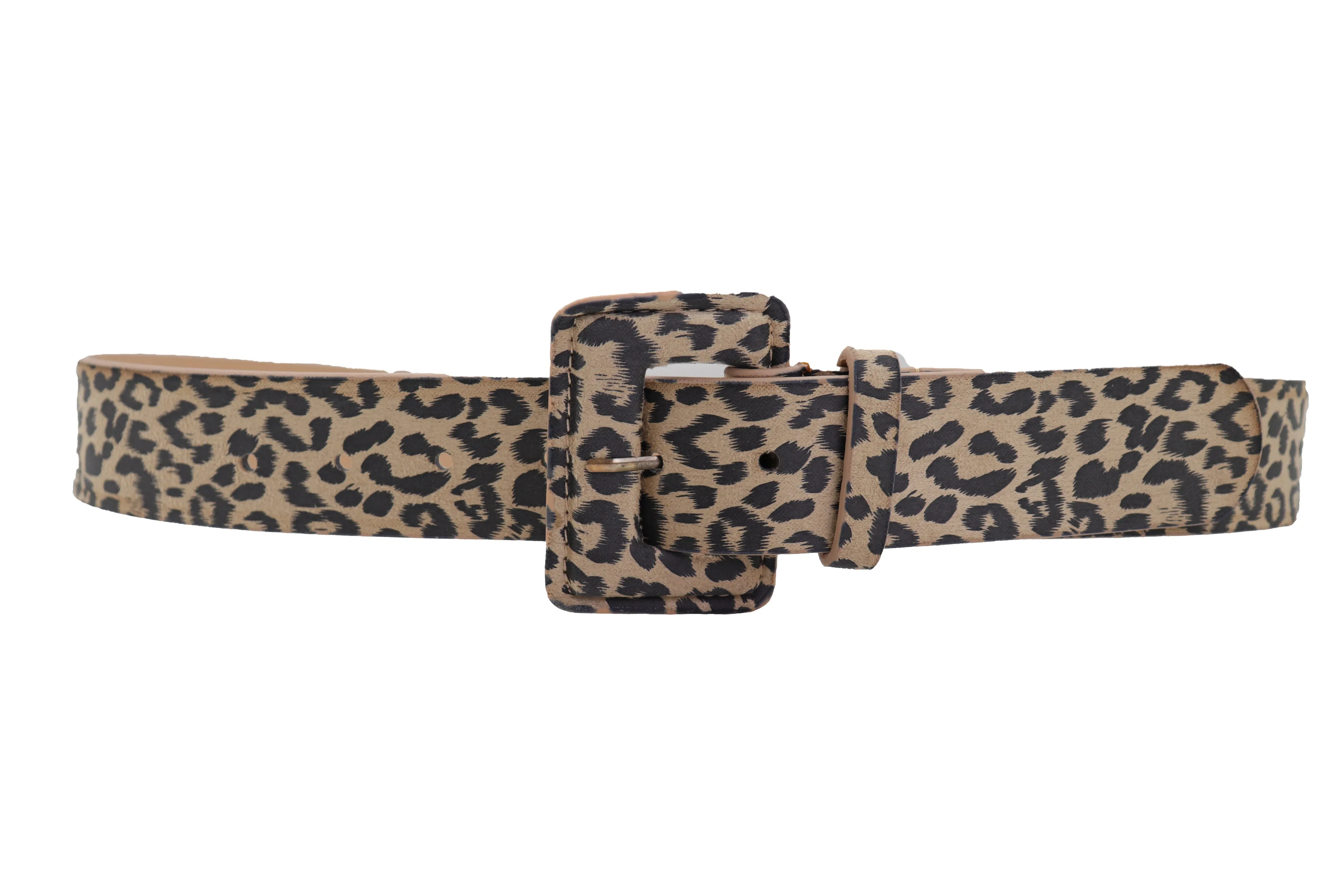 Faux Leather Beige Leopard Animal Print Square Buckle Classic Belt