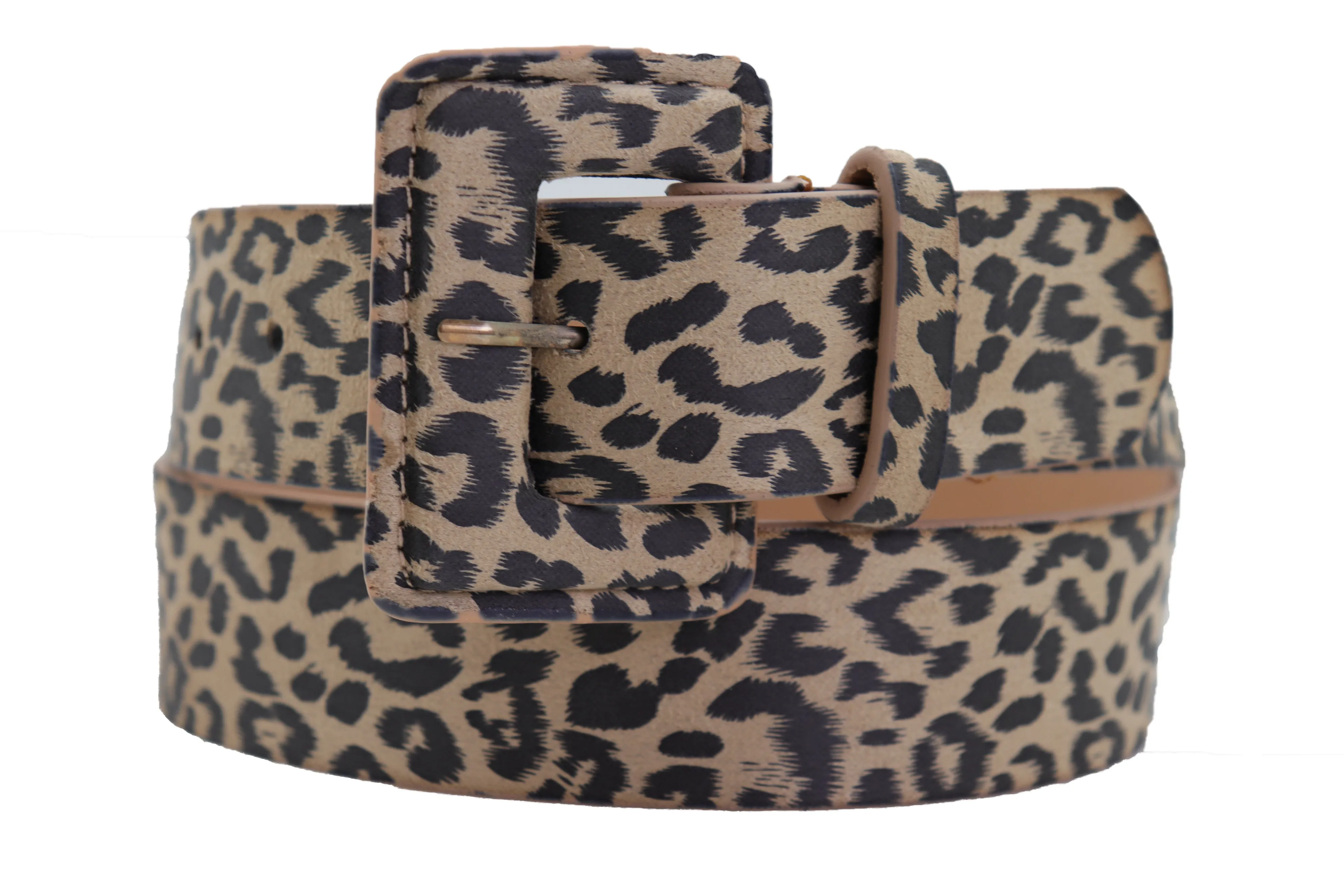 Faux Leather Beige Leopard Animal Print Square Buckle Classic Belt