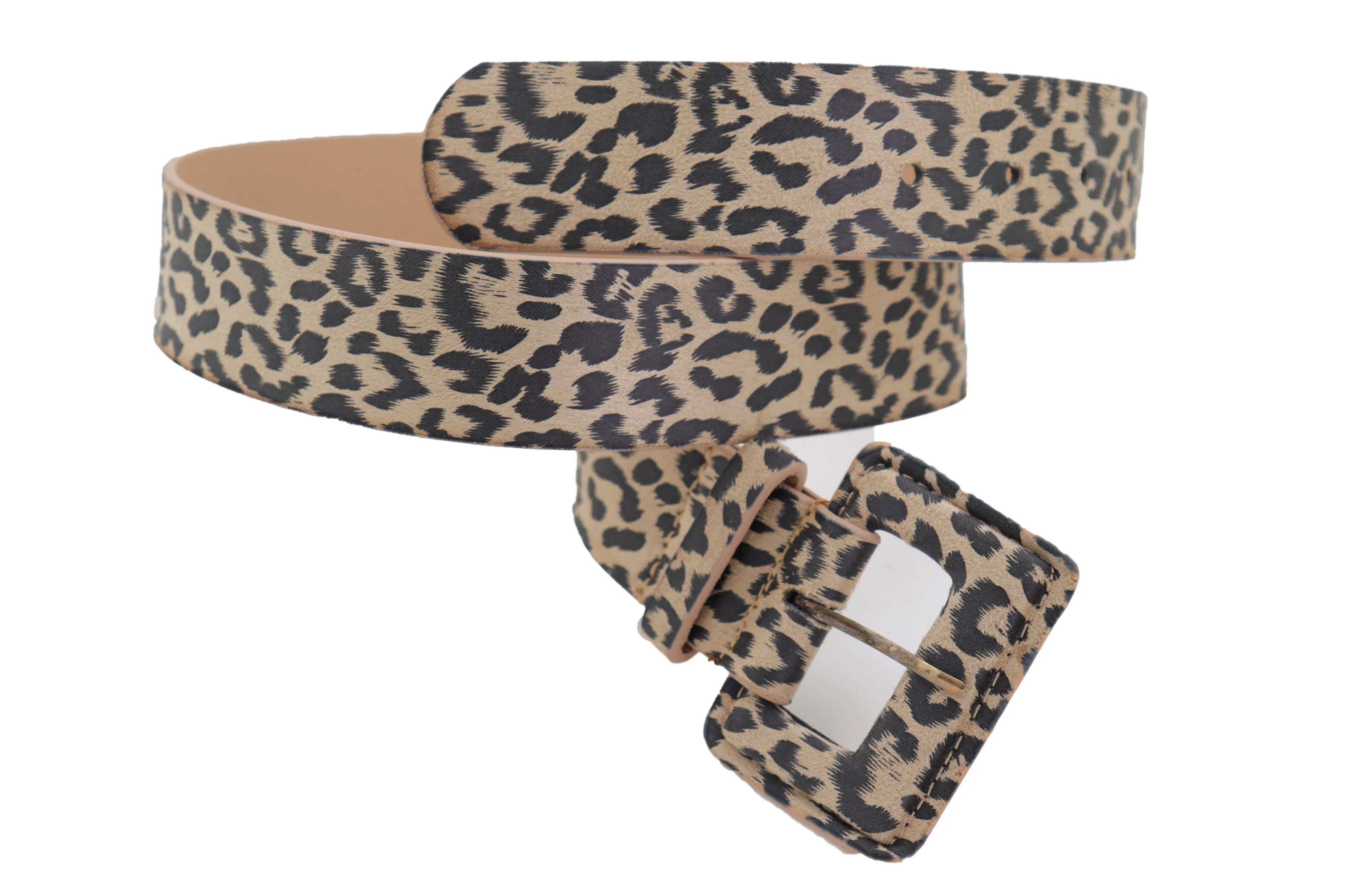 Faux Leather Beige Leopard Animal Print Square Buckle Classic Belt