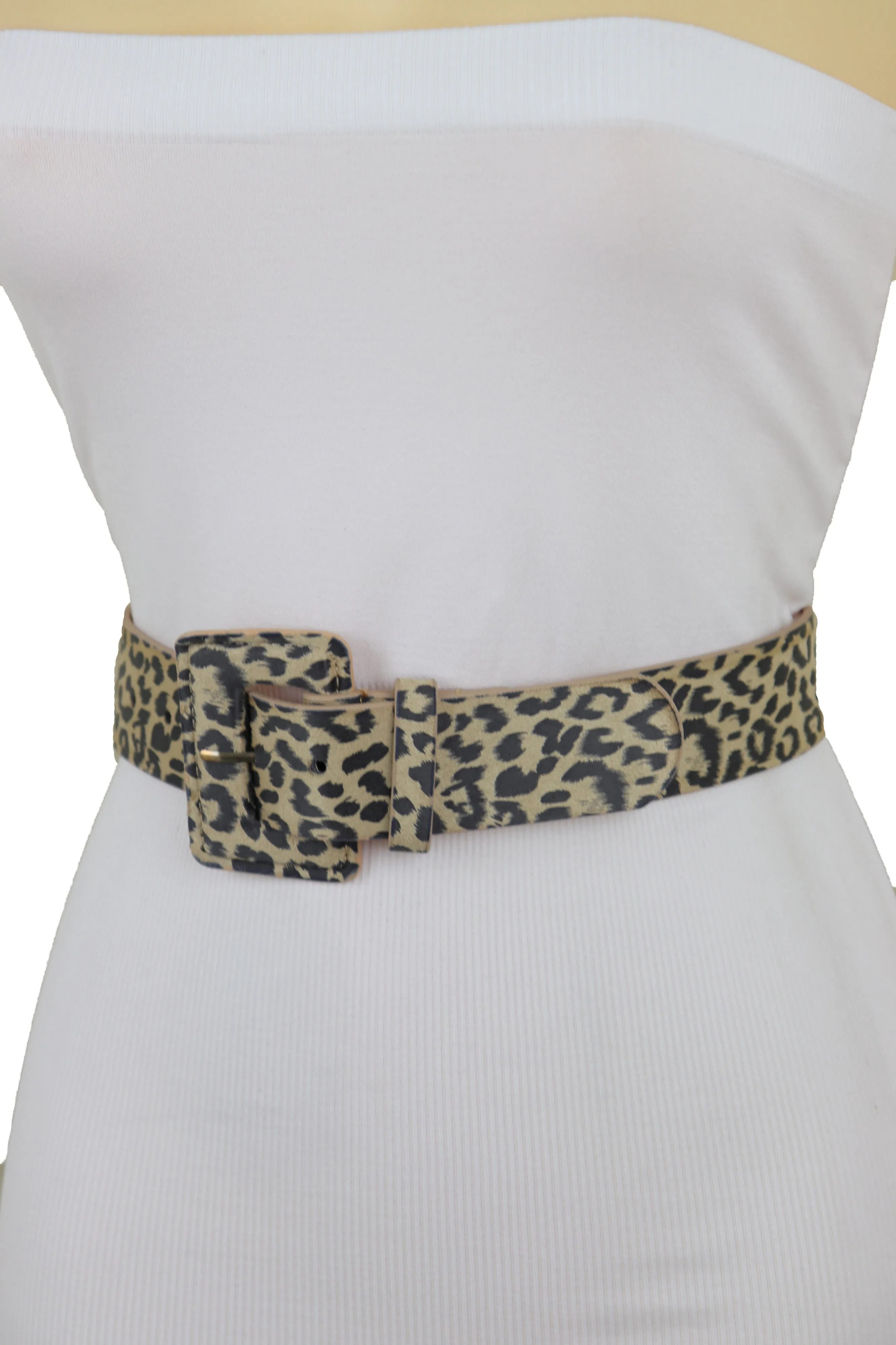 Faux Leather Beige Leopard Animal Print Square Buckle Classic Belt