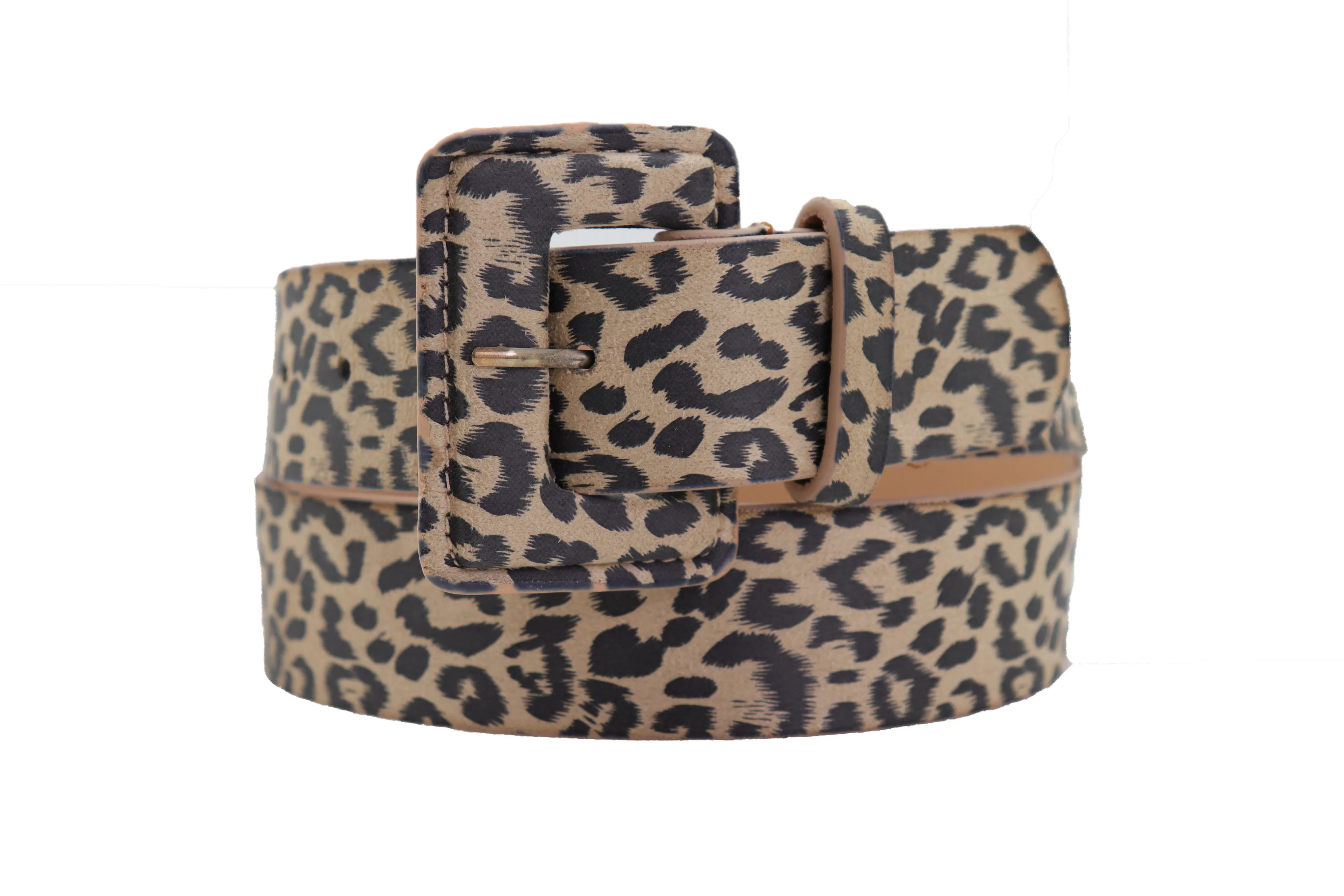 Faux Leather Beige Leopard Animal Print Square Buckle Classic Belt
