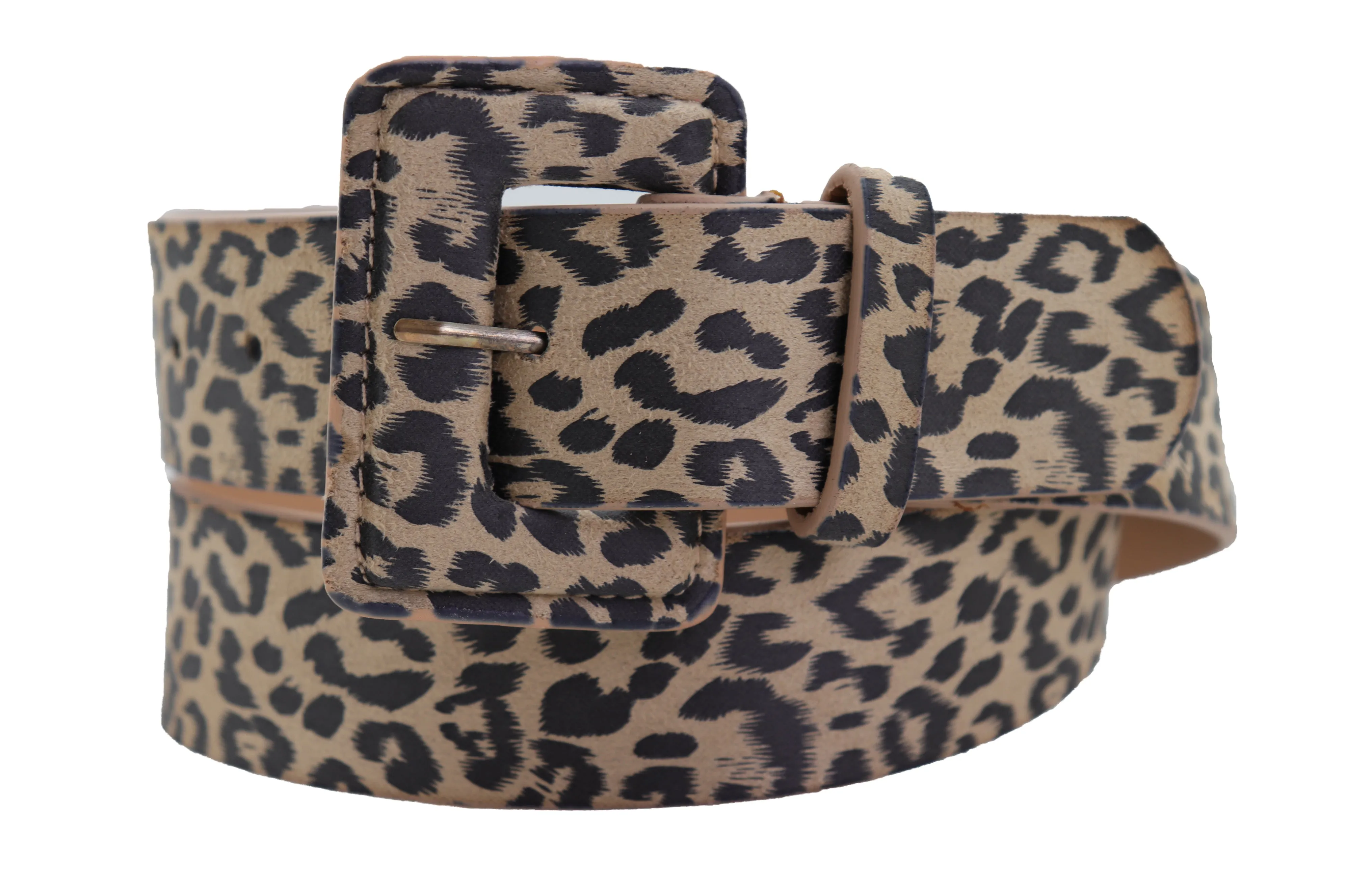 Faux Leather Beige Leopard Animal Print Square Buckle Classic Belt