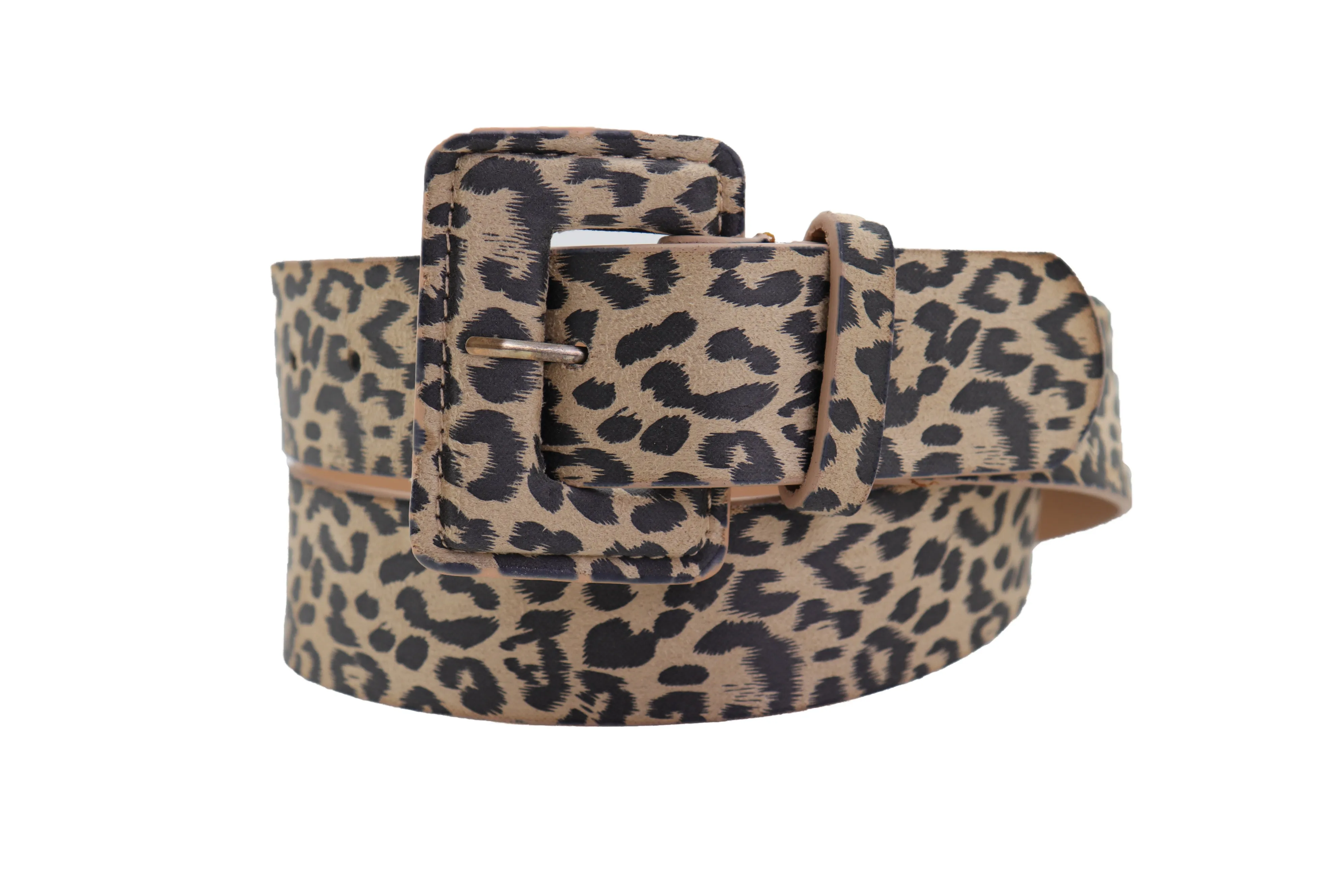 Faux Leather Beige Leopard Animal Print Square Buckle Classic Belt