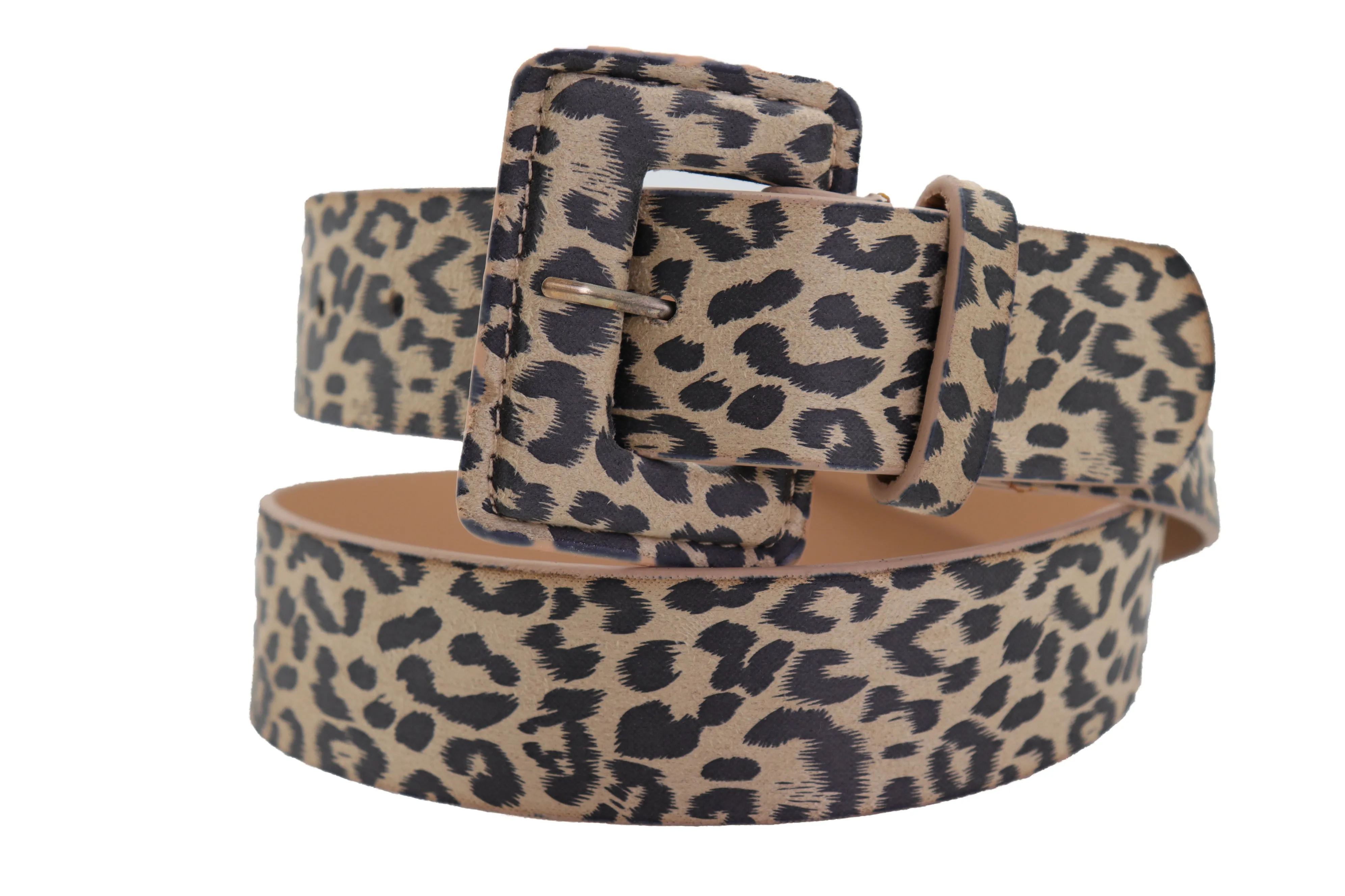Faux Leather Beige Leopard Animal Print Square Buckle Classic Belt
