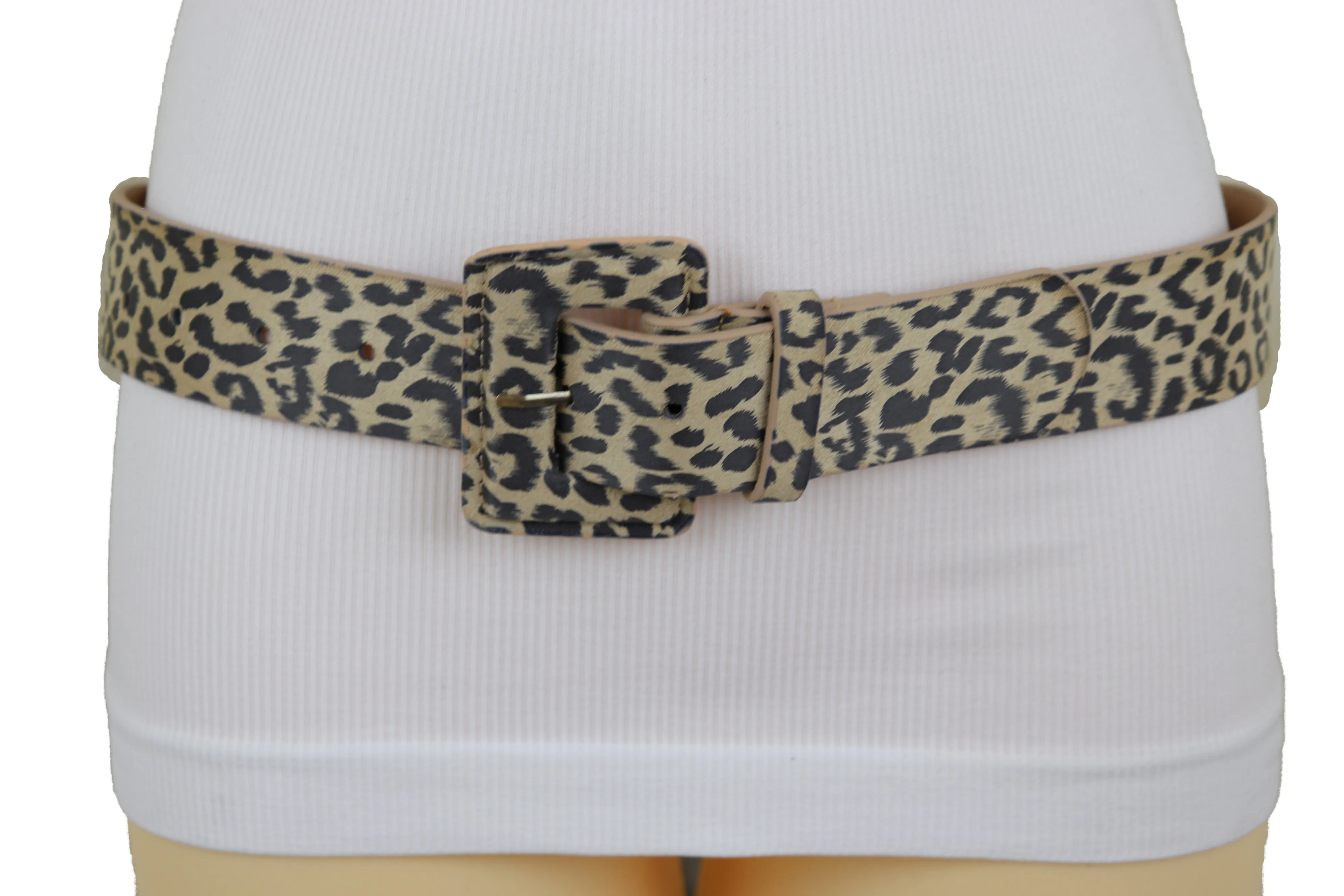 Faux Leather Beige Leopard Animal Print Square Buckle Classic Belt