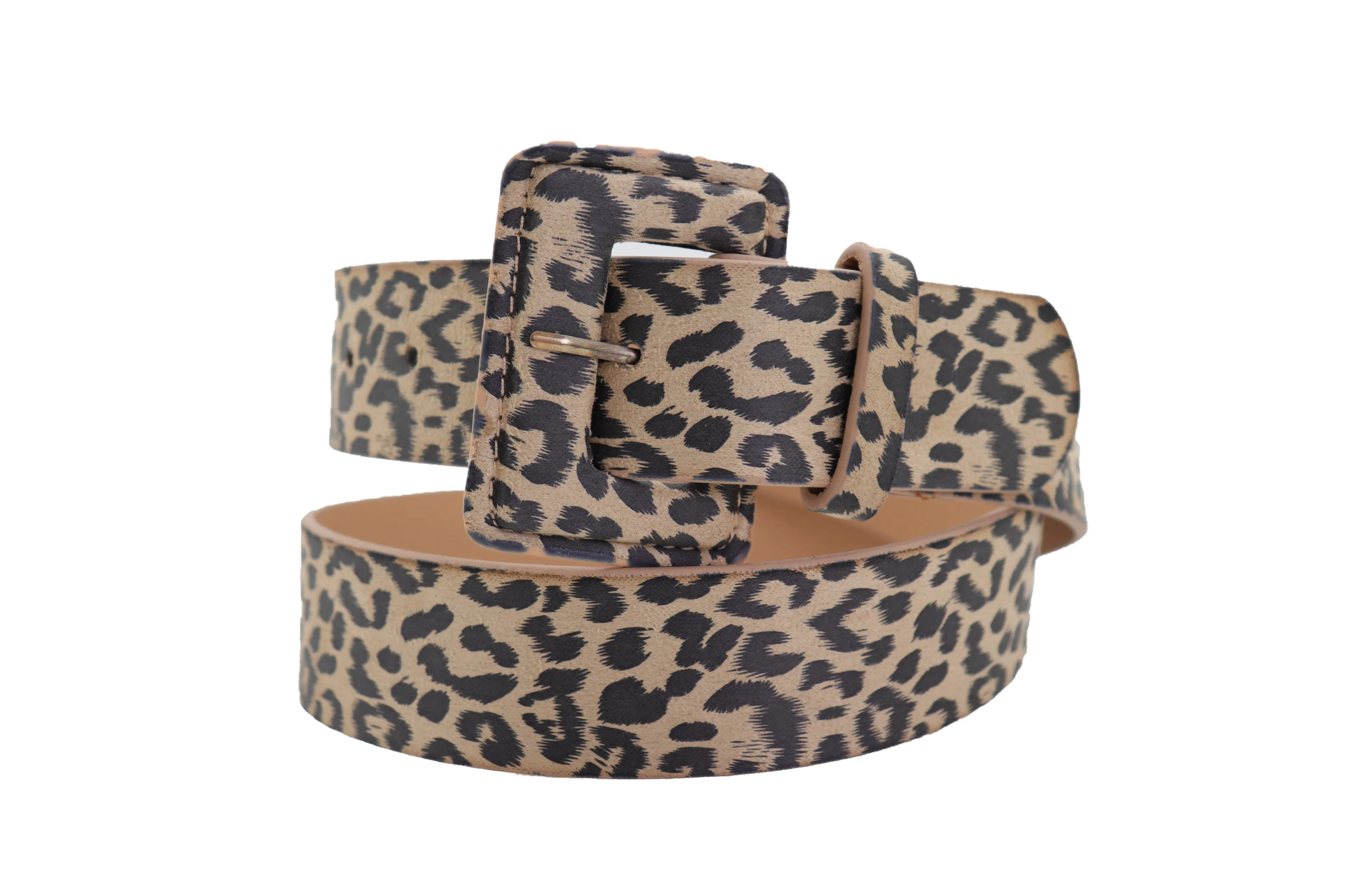 Faux Leather Beige Leopard Animal Print Square Buckle Classic Belt