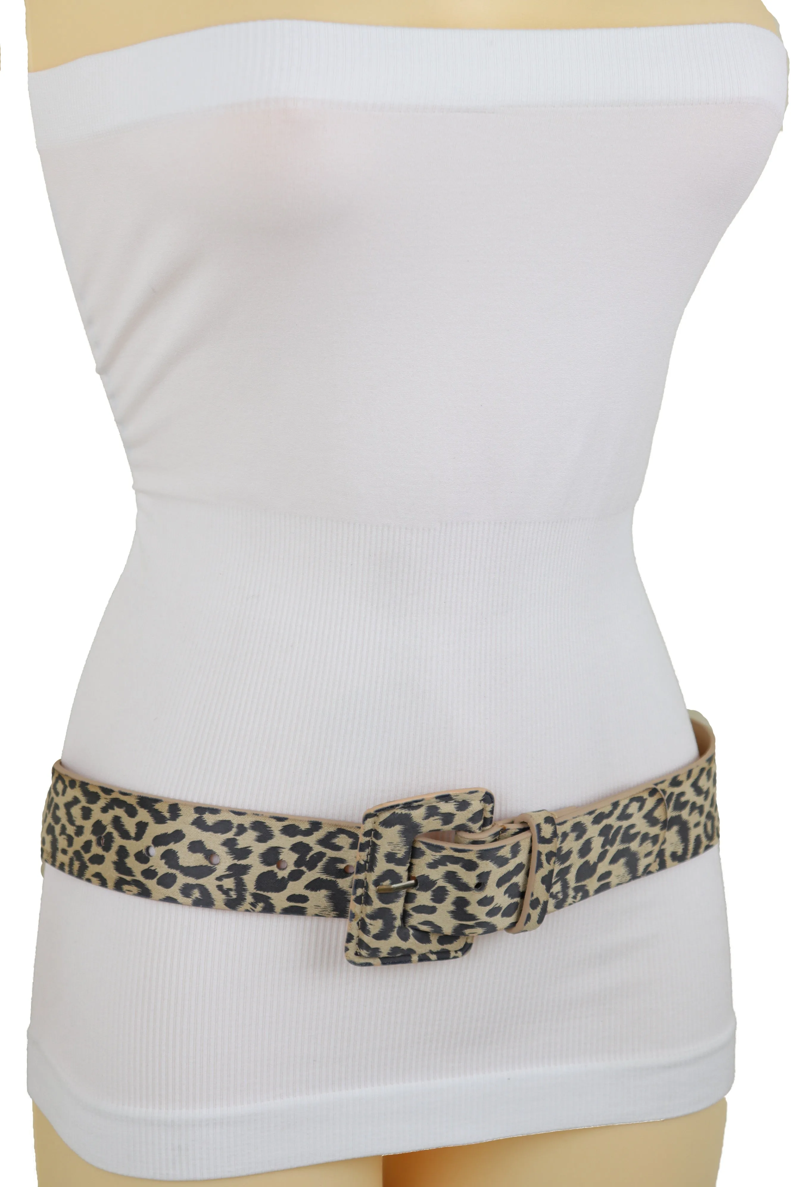 Faux Leather Beige Leopard Animal Print Square Buckle Classic Belt