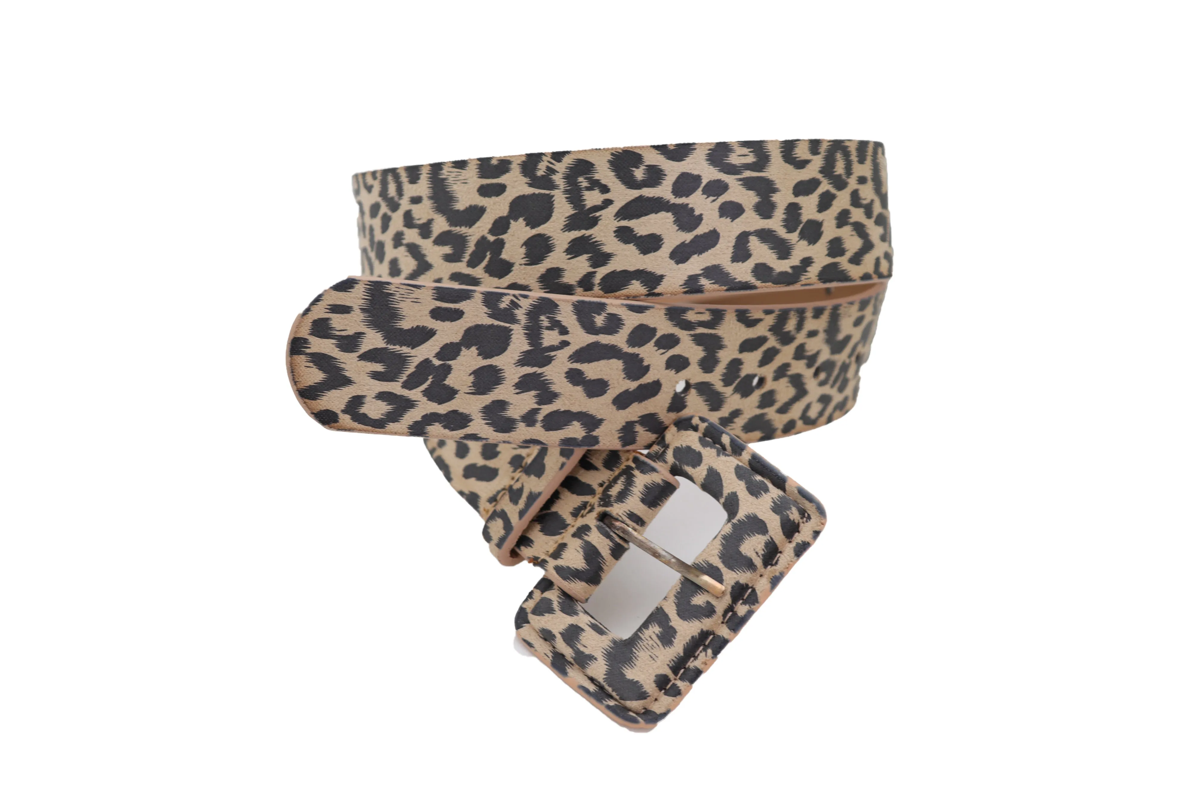 Faux Leather Beige Leopard Animal Print Square Buckle Classic Belt