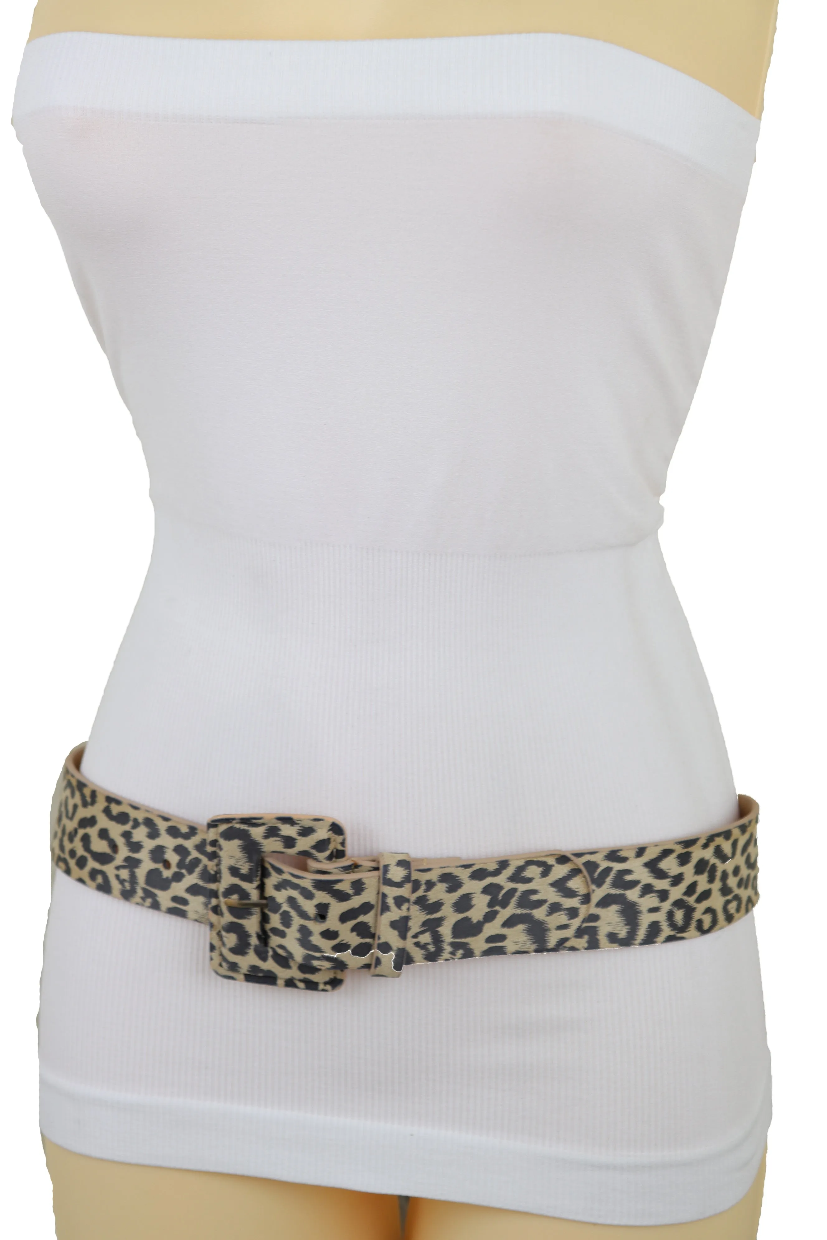 Faux Leather Beige Leopard Animal Print Square Buckle Classic Belt