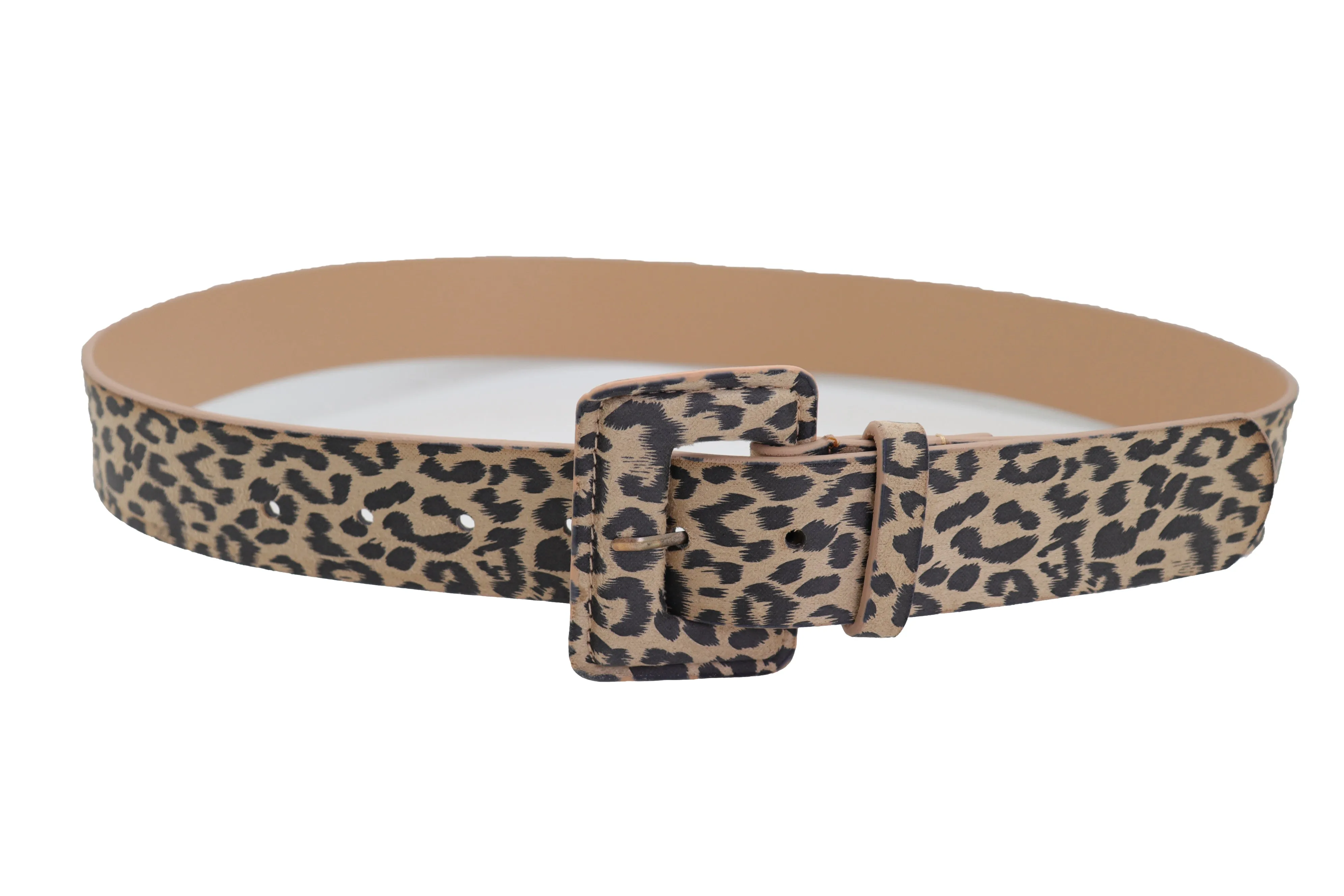 Faux Leather Beige Leopard Animal Print Square Buckle Classic Belt