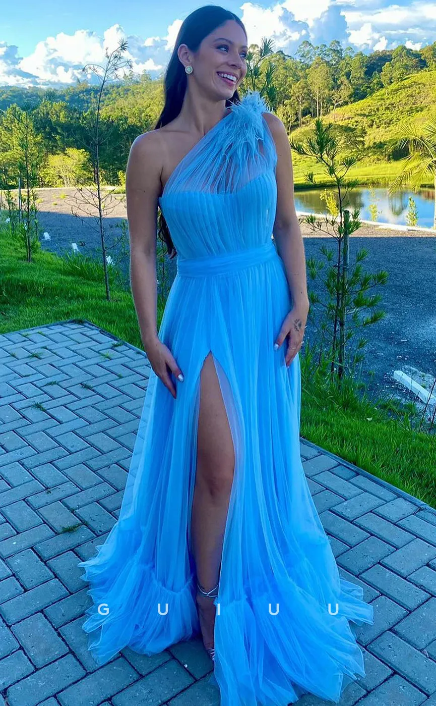 G4165 - A-Line One Shoulder Straps Sleeveless Blue Tulle Prom Party Dress with High Slit
