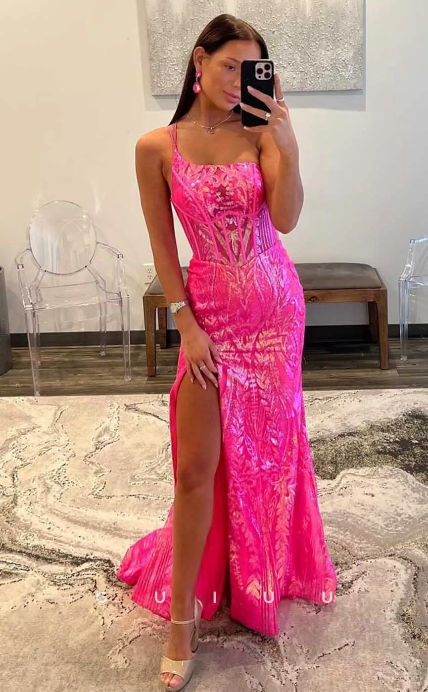 G4391 - Sexy & Hot Column Pink Sweep Illusion Pleats Lace Up Form Party Dress with High Slit