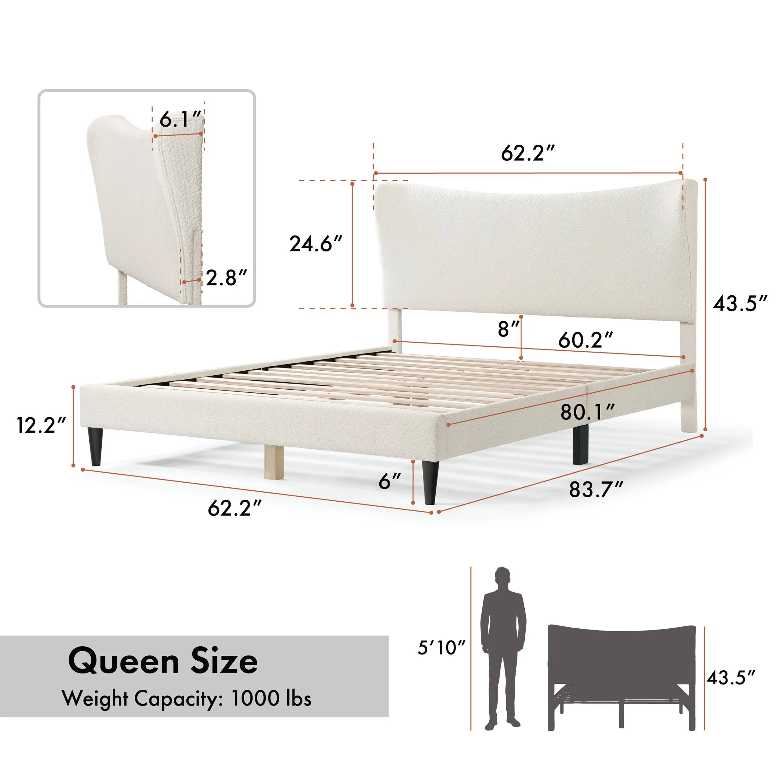 Gail Modern White Boucle Adjustable Queen-Size Platform Bed
