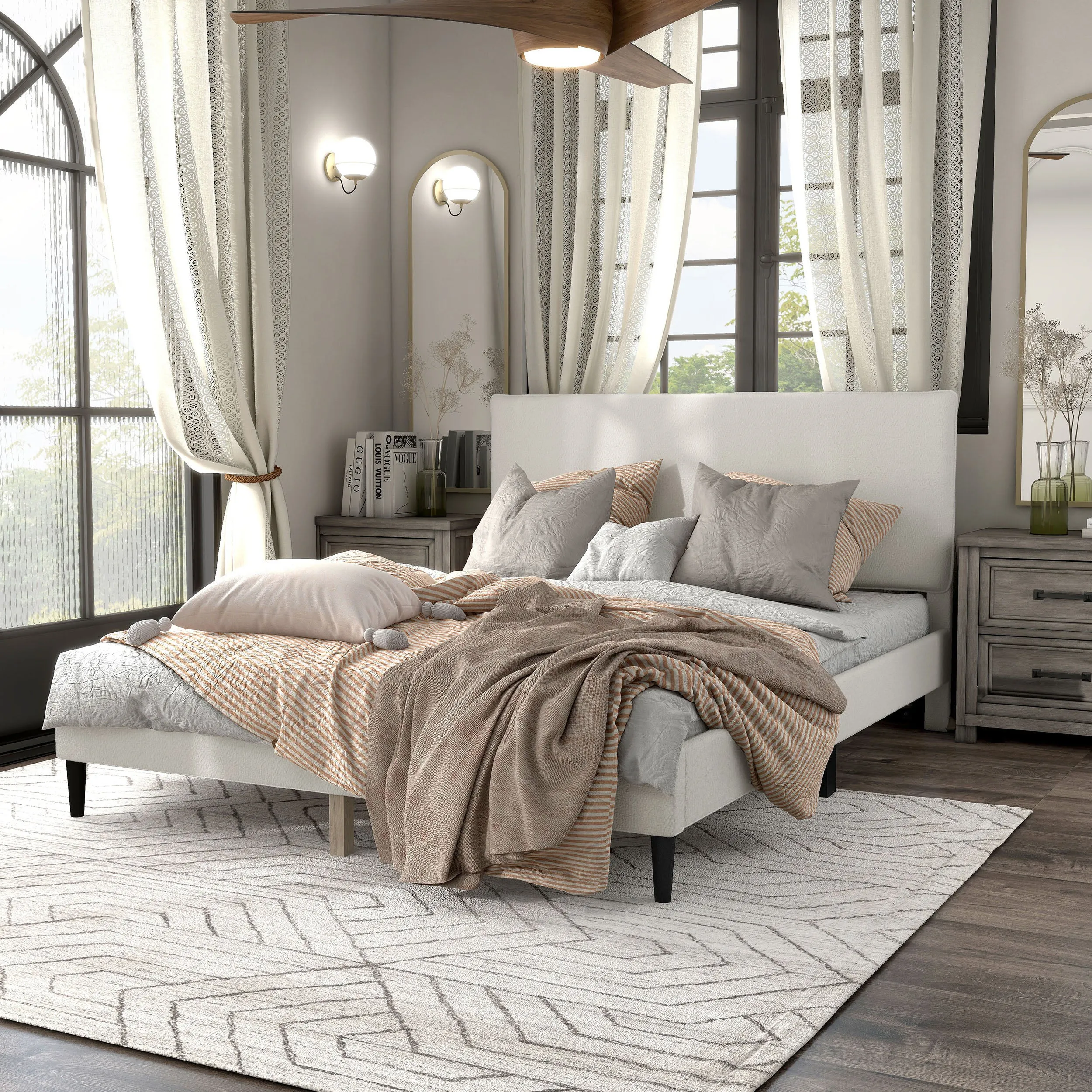 Gail Modern White Boucle Adjustable Queen-Size Platform Bed