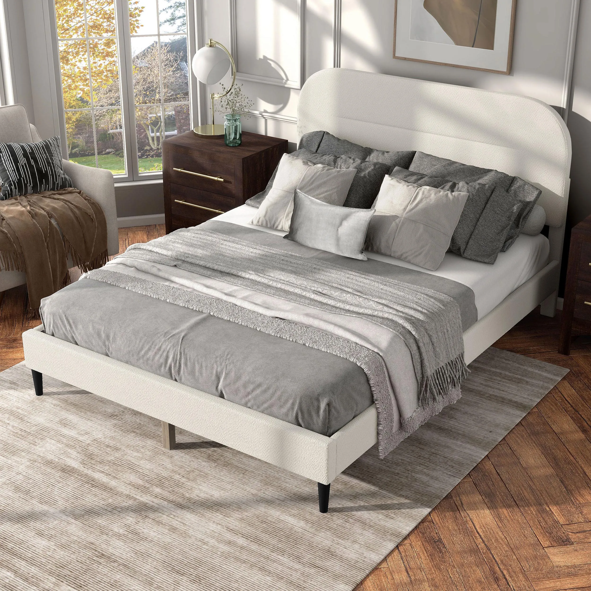 Gail Modern White Boucle Adjustable Queen-Size Platform Bed