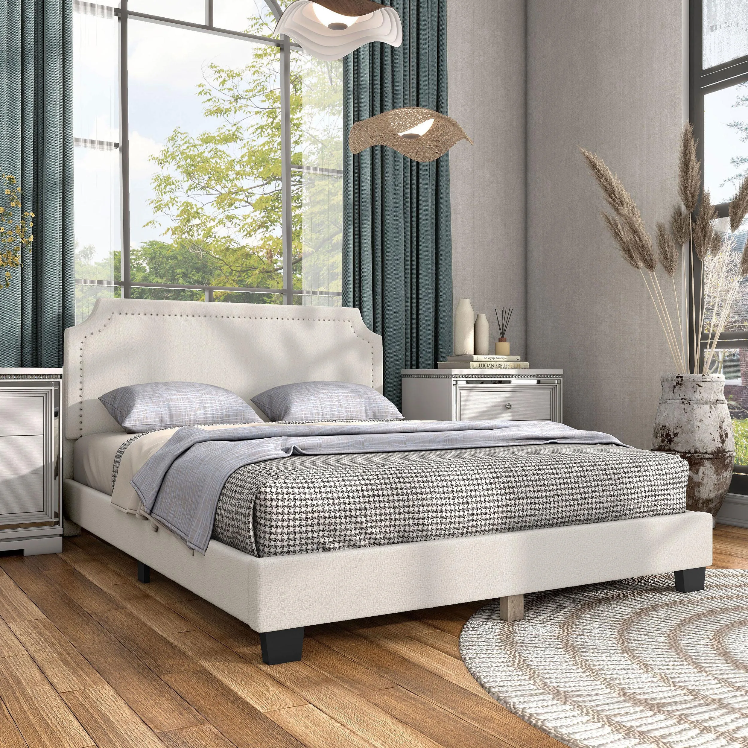 Gail Modern White Boucle Adjustable Queen-Size Platform Bed