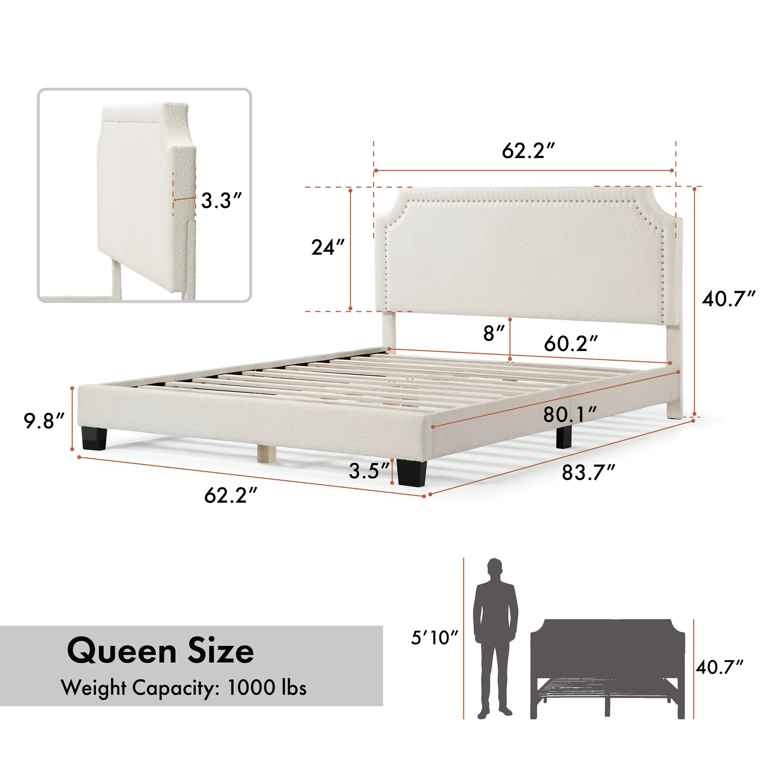 Gail Modern White Boucle Adjustable Queen-Size Platform Bed