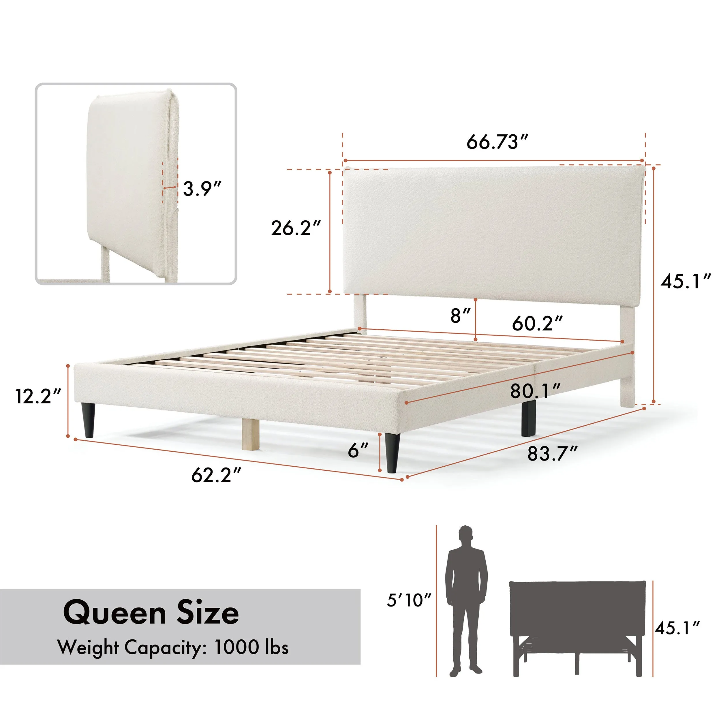 Gail Modern White Boucle Adjustable Queen-Size Platform Bed