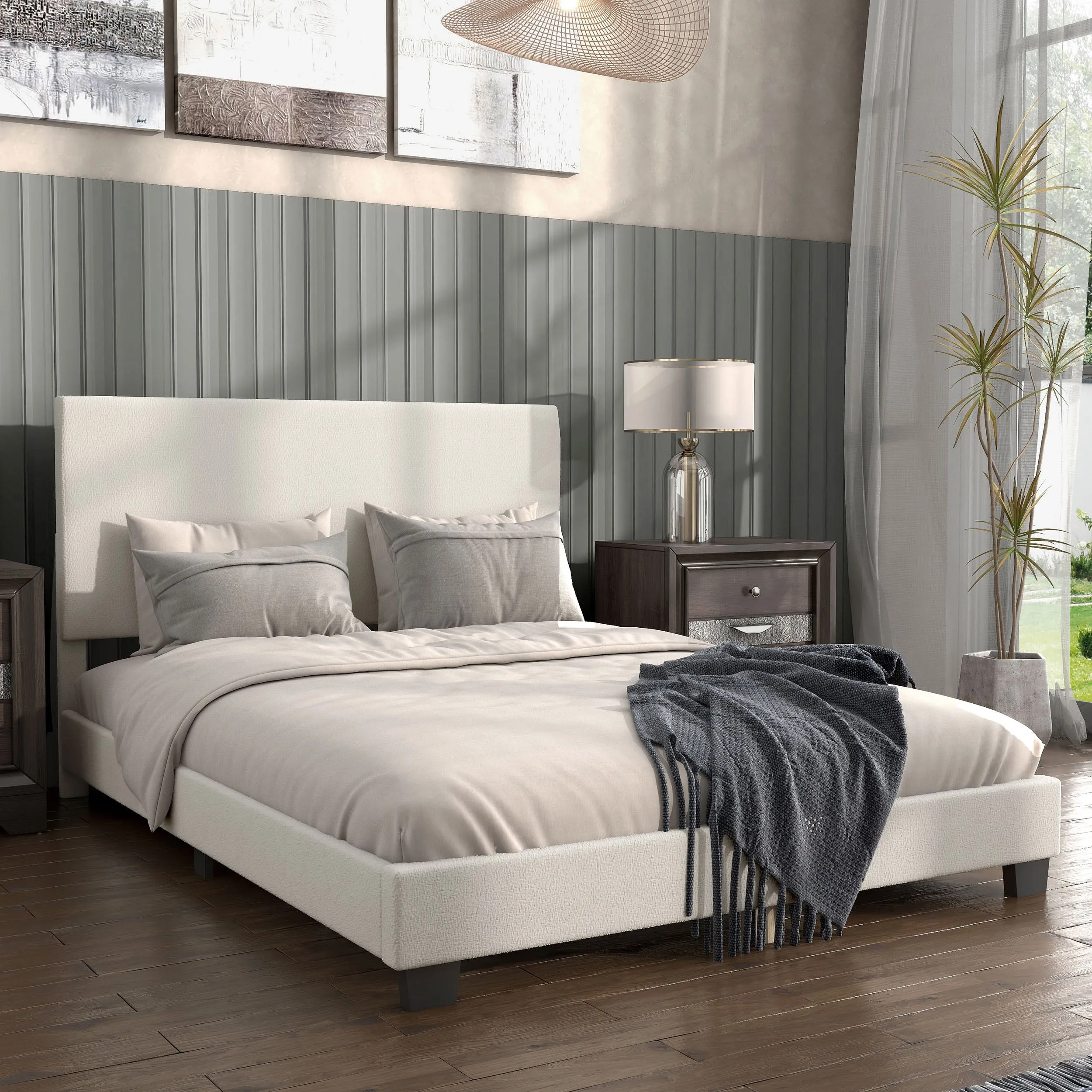 Gail Modern White Boucle Adjustable Queen-Size Platform Bed