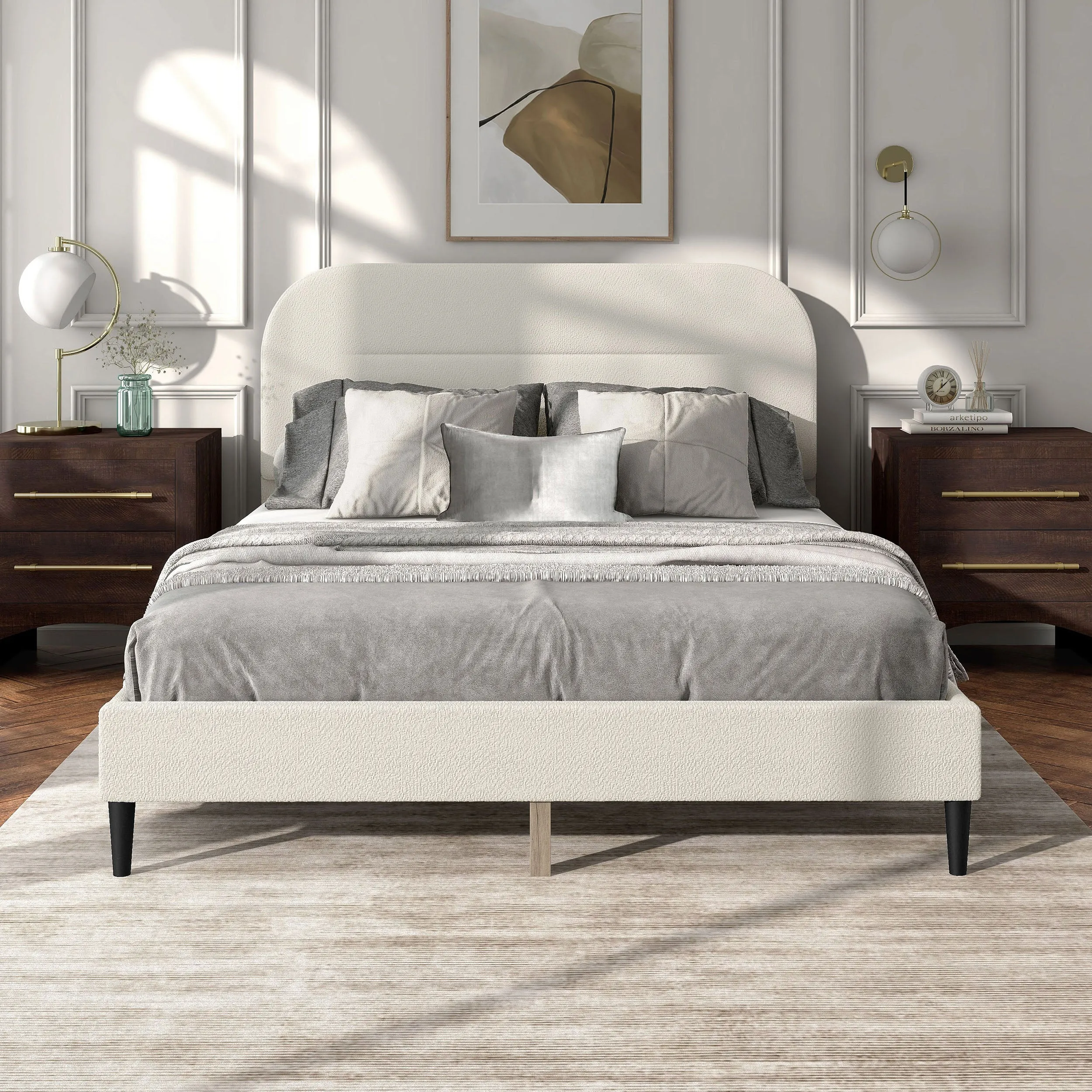 Gail Modern White Boucle Adjustable Queen-Size Platform Bed