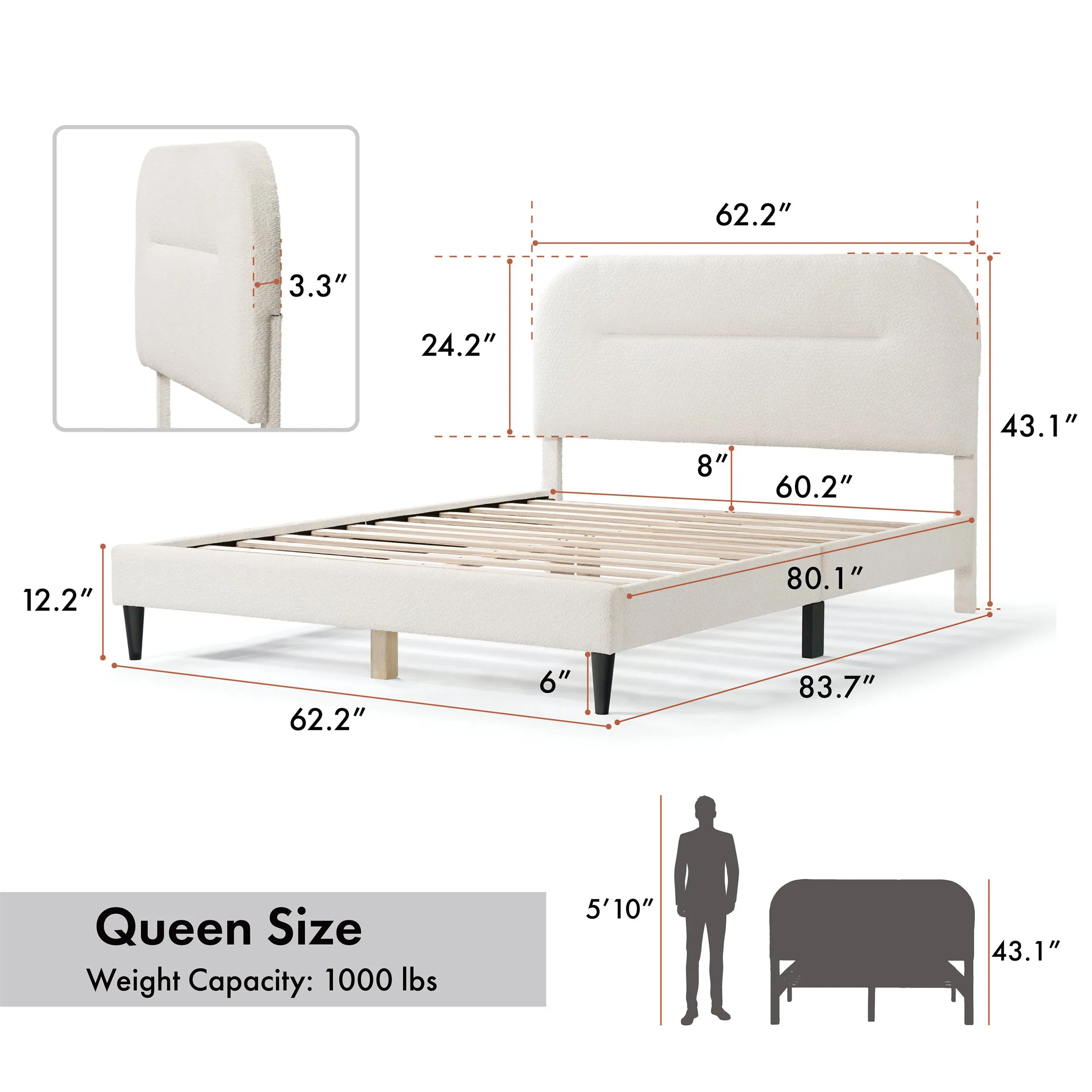 Gail Modern White Boucle Adjustable Queen-Size Platform Bed