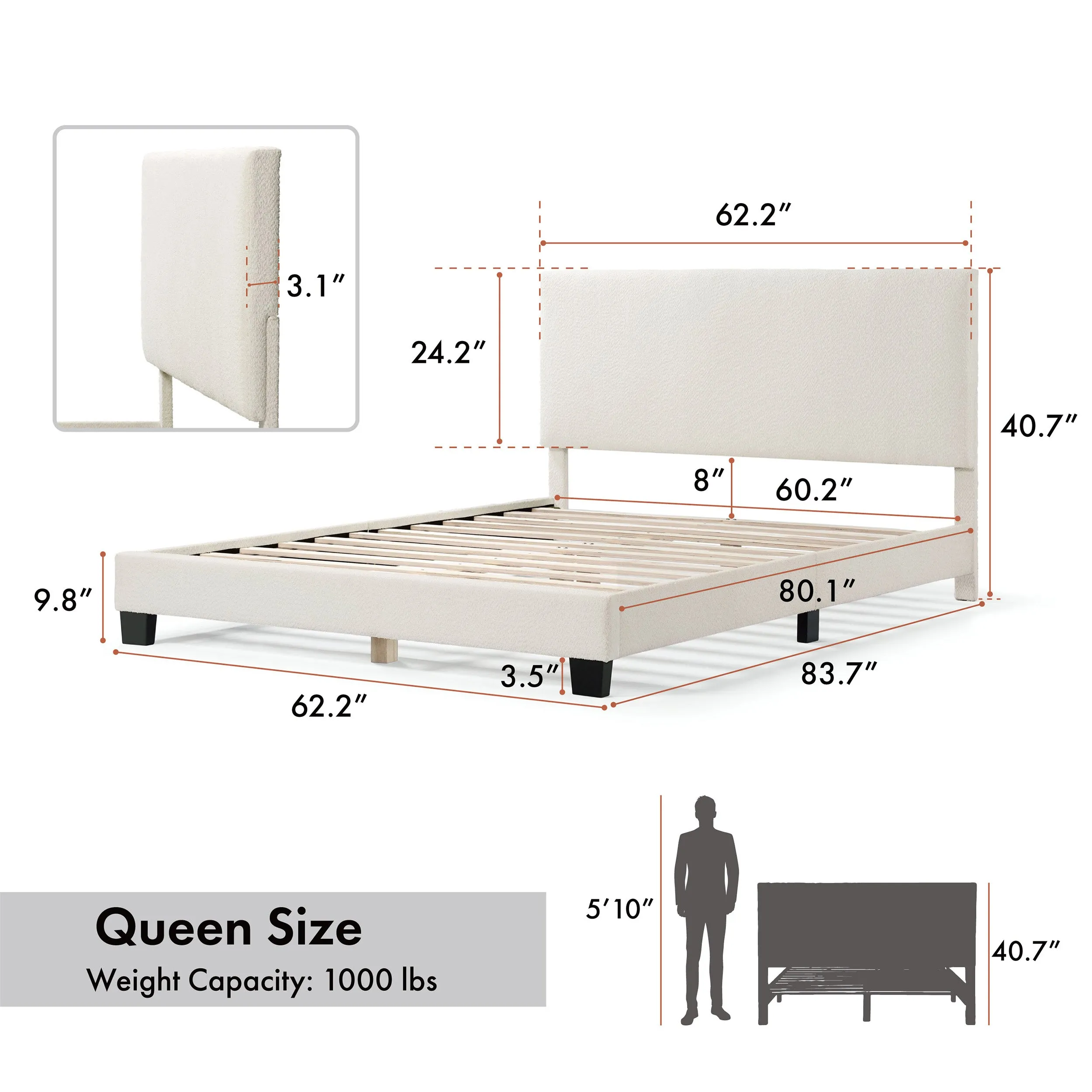 Gail Modern White Boucle Adjustable Queen-Size Platform Bed