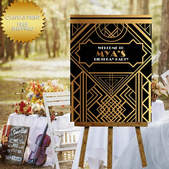 Gatsby Gold Birthday Party Welcome Canvas Sign