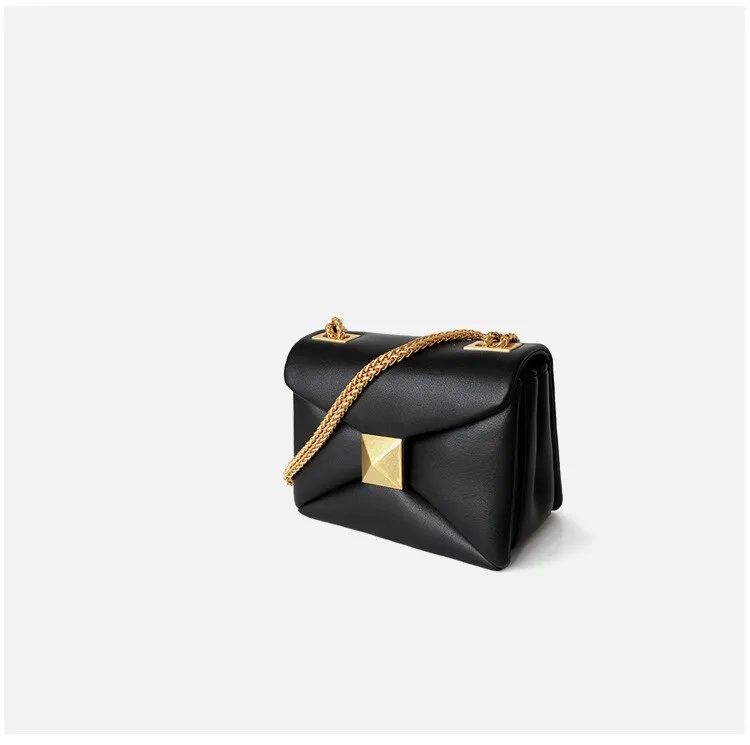 Genuine Leather Rivet Square Plaid Chain Strap Crossbody Bags
