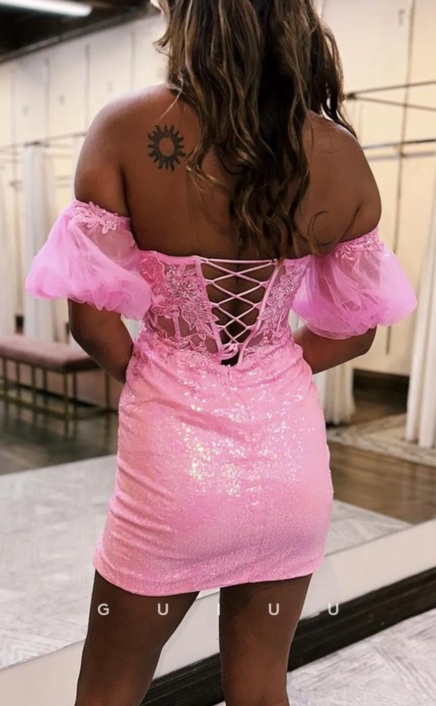 GH821 - Chic & Modern Off-Shoulder Applique Sheer Short Mini Homecoming Party Dress