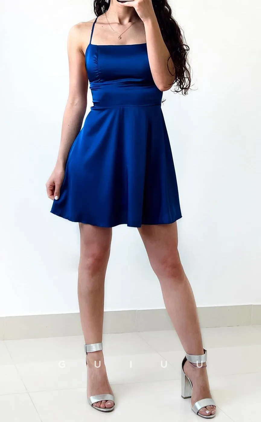 GH841 -  Simple A-Line Square Straps Sleeveless Criss-Cross Straps Stain Homecoming Party Dress