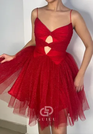 GH998 - Shiny A-Line V Neck Straps Sleeveless Pleated Lace Up Tulle Tiered Homecoming Dress