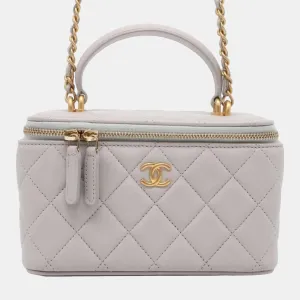 Grey Quilted Lambskin Classic Top Handle Vanity Case with Chain