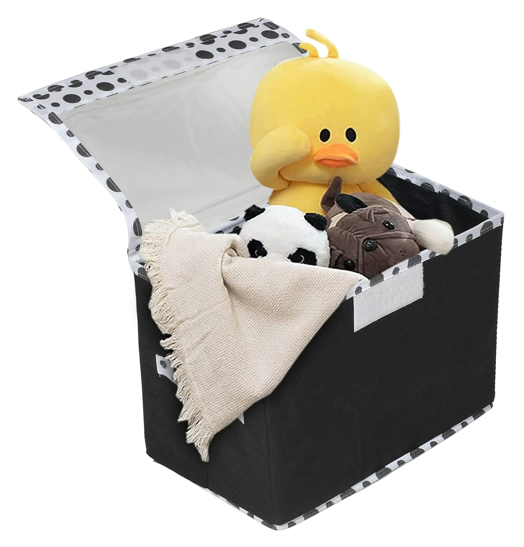 Heart Home Dot Printed Foldable Non-Woven 3 Pieces Storage Box/Bin For Books, Towels, Magazines, DVDs & More With Tranasparent Lid- Set of 3 (Black) -44HH0428