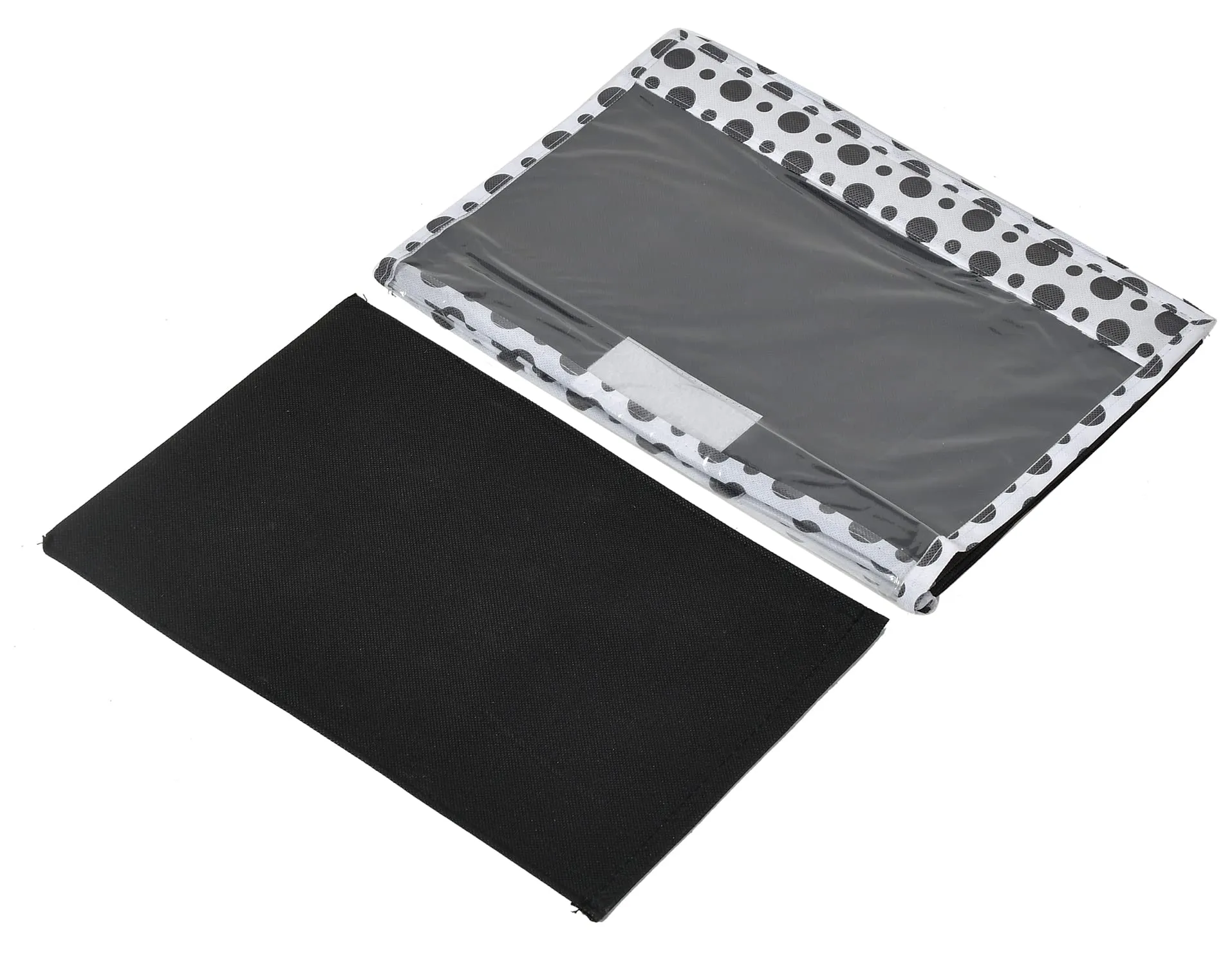 Heart Home Dot Printed Foldable Non-Woven 3 Pieces Storage Box/Bin For Books, Towels, Magazines, DVDs & More With Tranasparent Lid- Set of 3 (Black) -44HH0428