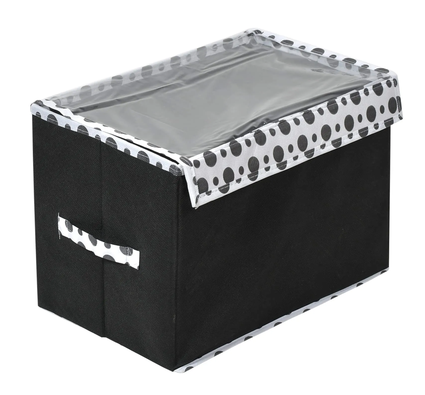 Heart Home Dot Printed Foldable Non-Woven 3 Pieces Storage Box/Bin For Books, Towels, Magazines, DVDs & More With Tranasparent Lid- Set of 3 (Black) -44HH0428