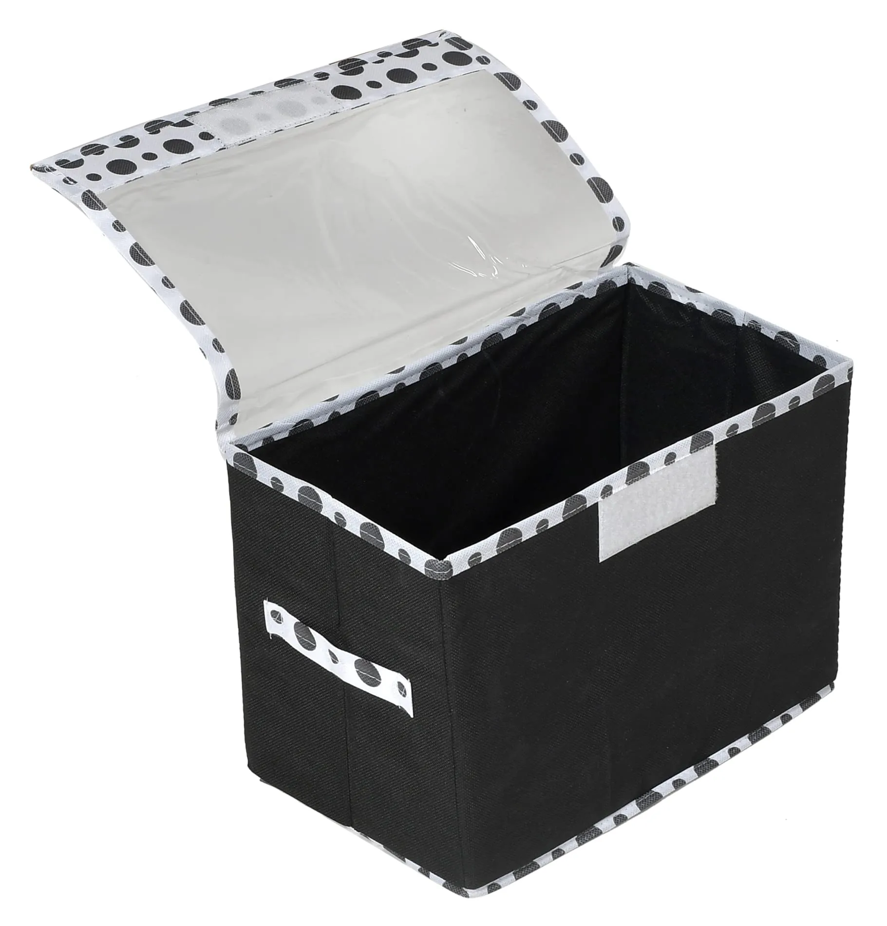 Heart Home Dot Printed Foldable Non-Woven 3 Pieces Storage Box/Bin For Books, Towels, Magazines, DVDs & More With Tranasparent Lid- Set of 3 (Black) -44HH0428