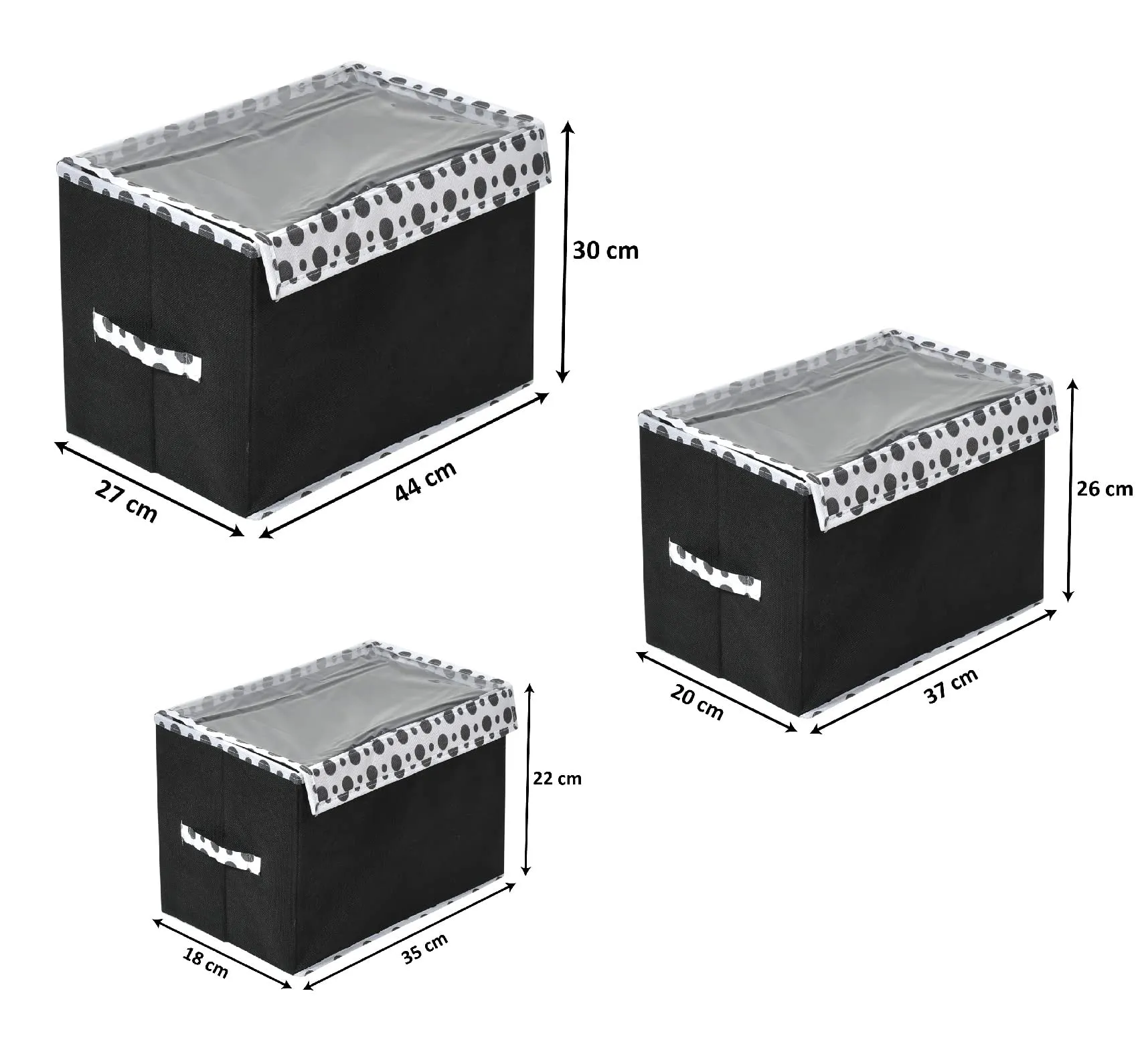 Heart Home Dot Printed Foldable Non-Woven 3 Pieces Storage Box/Bin For Books, Towels, Magazines, DVDs & More With Tranasparent Lid- Set of 3 (Black) -44HH0428