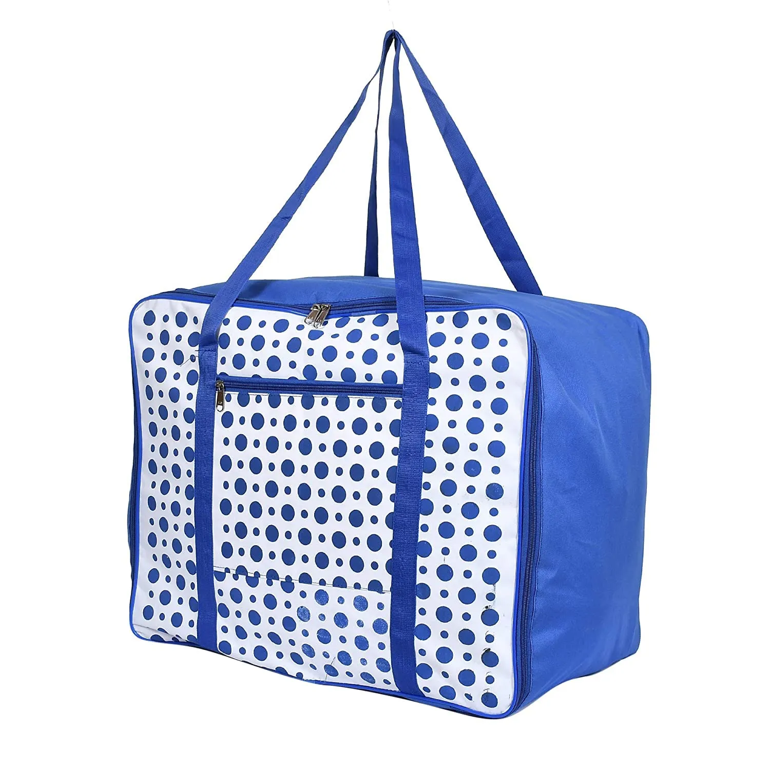 Heart Home Dot Printed Large Size Lightweight Foldable Multipurpose Storage bag, Cloth Organiser, Travel Bag With Zippered Closure And Handle (Blue & White)-HS43HEARTH26708