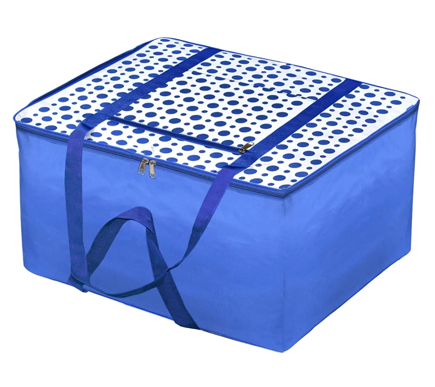 Heart Home Dot Printed Large Size Lightweight Foldable Multipurpose Storage bag, Cloth Organiser, Travel Bag With Zippered Closure And Handle (Blue & White)-HS43HEARTH26708
